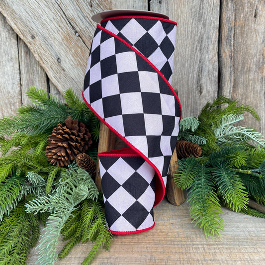 4" Harlequin ribbon, Black and White Jester Ribbon, Black White Red RIbbon, Wired RIbbon, Christmas Ribbon, Christmas Tree Ribbon
