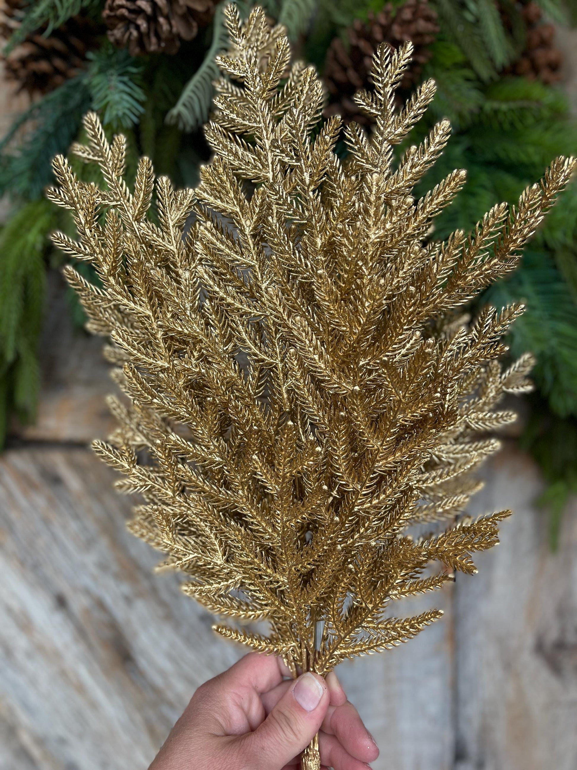 26" Gold Norfolk Pine Spray, Gold Christmas SPray, Christmas Tree Topper Spray