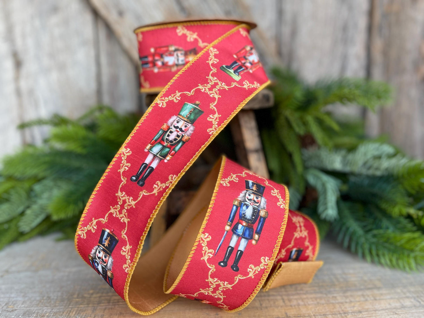 2.5" Red Nutcracker Ribbon, Red Gold Christmas Ribbon, Ribbon for Tree