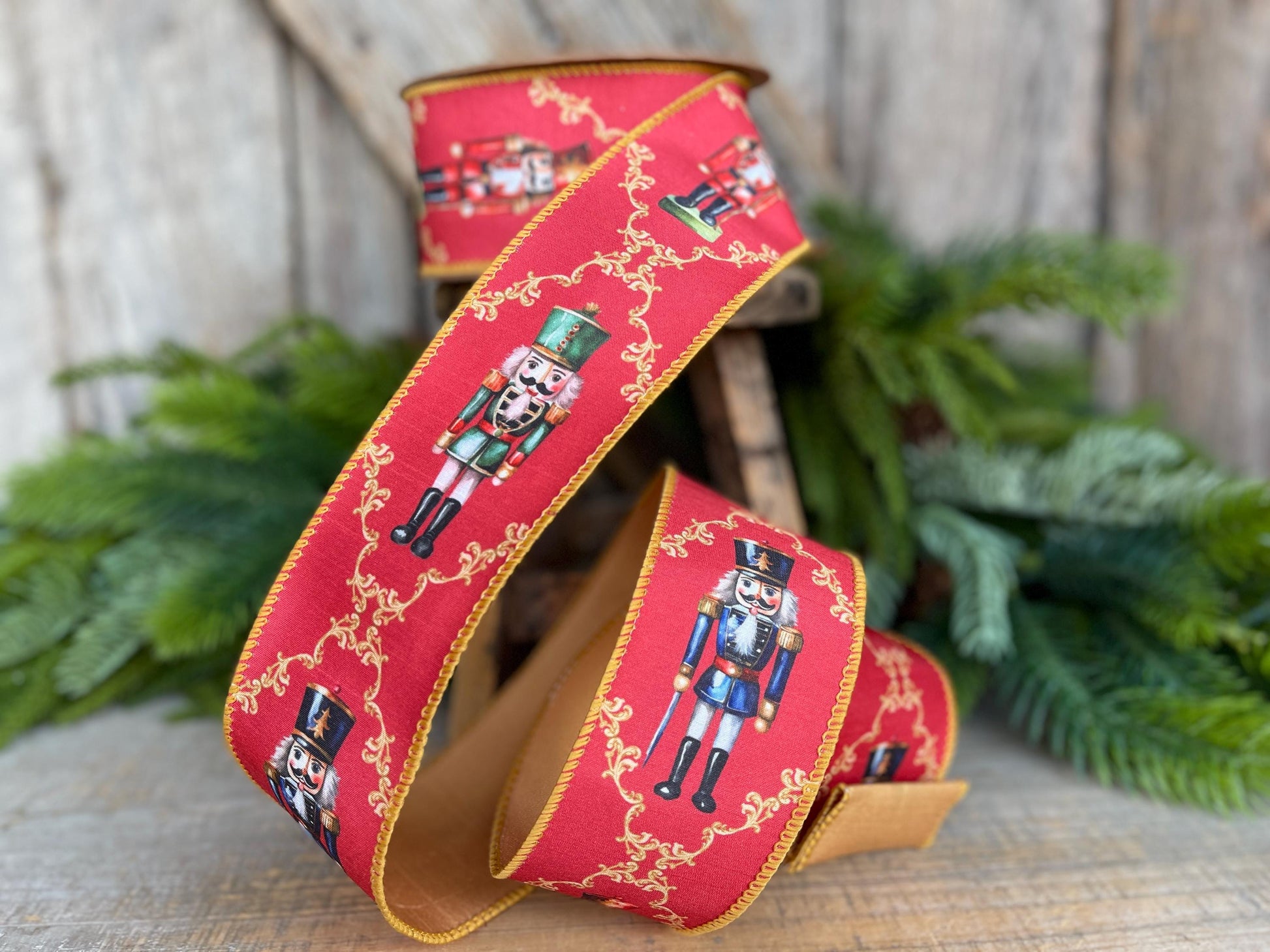 2.5" Red Nutcracker Ribbon, Red Gold Christmas Ribbon, Ribbon for Tree