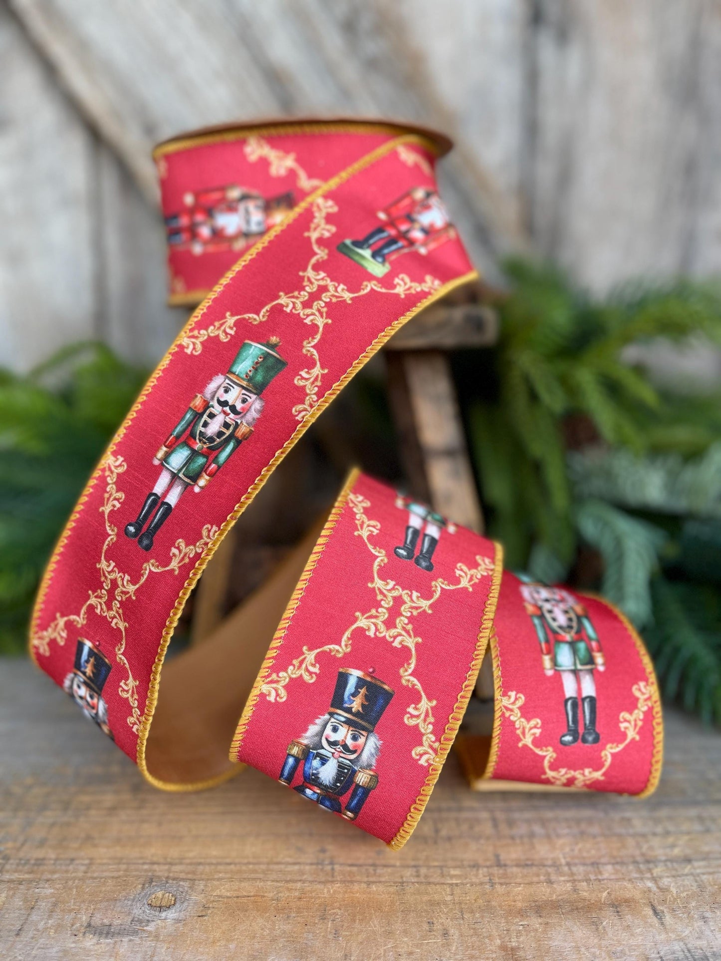 2.5" Red Nutcracker Ribbon, Red Gold Christmas Ribbon, Ribbon for Tree