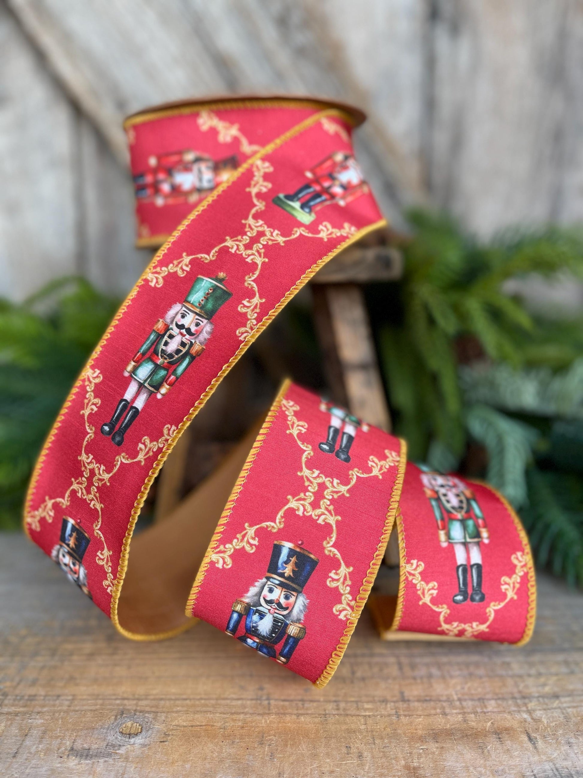 2.5" Red Nutcracker Ribbon, Red Gold Christmas Ribbon, Ribbon for Tree