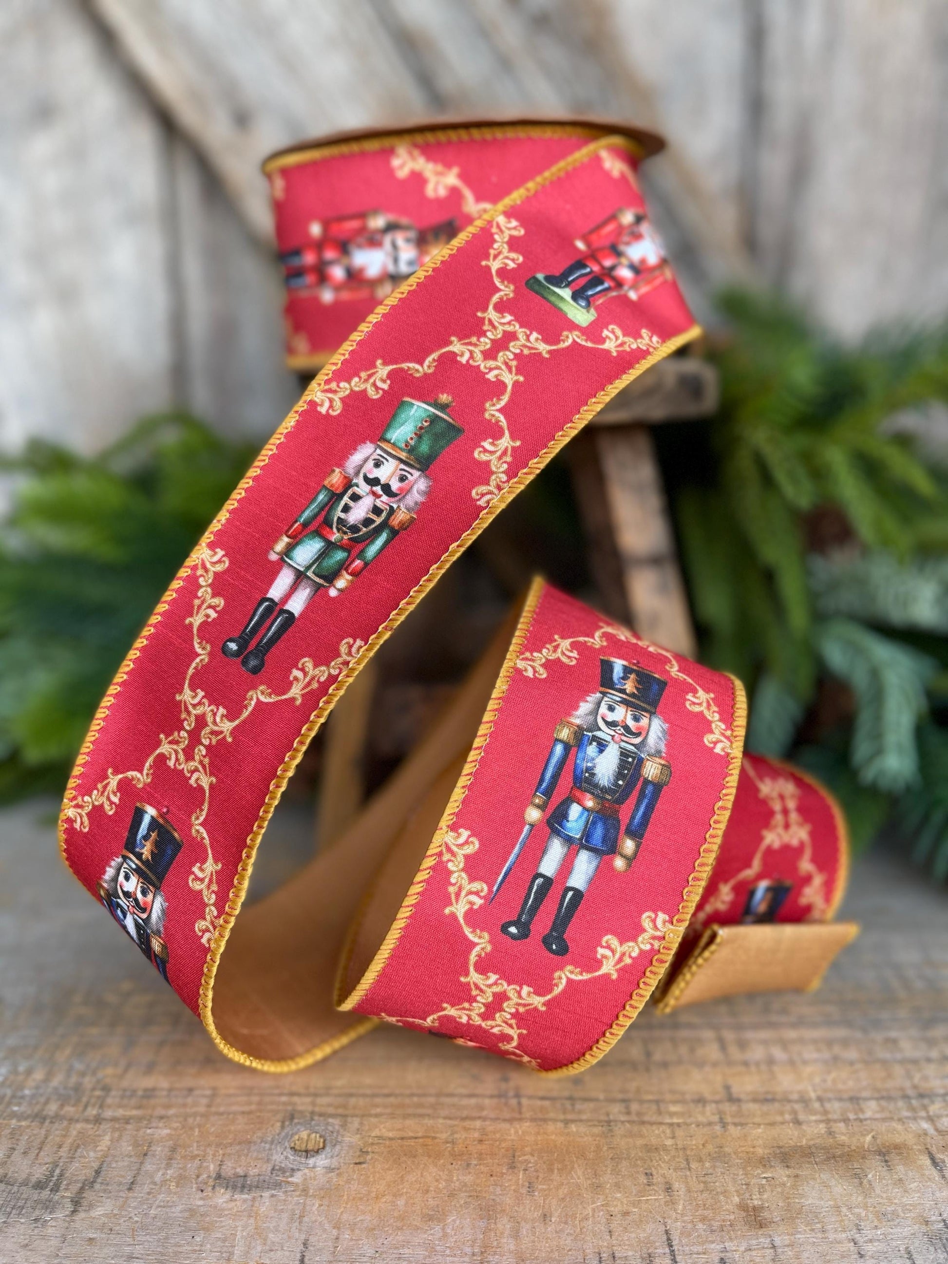 2.5" Red Nutcracker Ribbon, Red Gold Christmas Ribbon, Ribbon for Tree