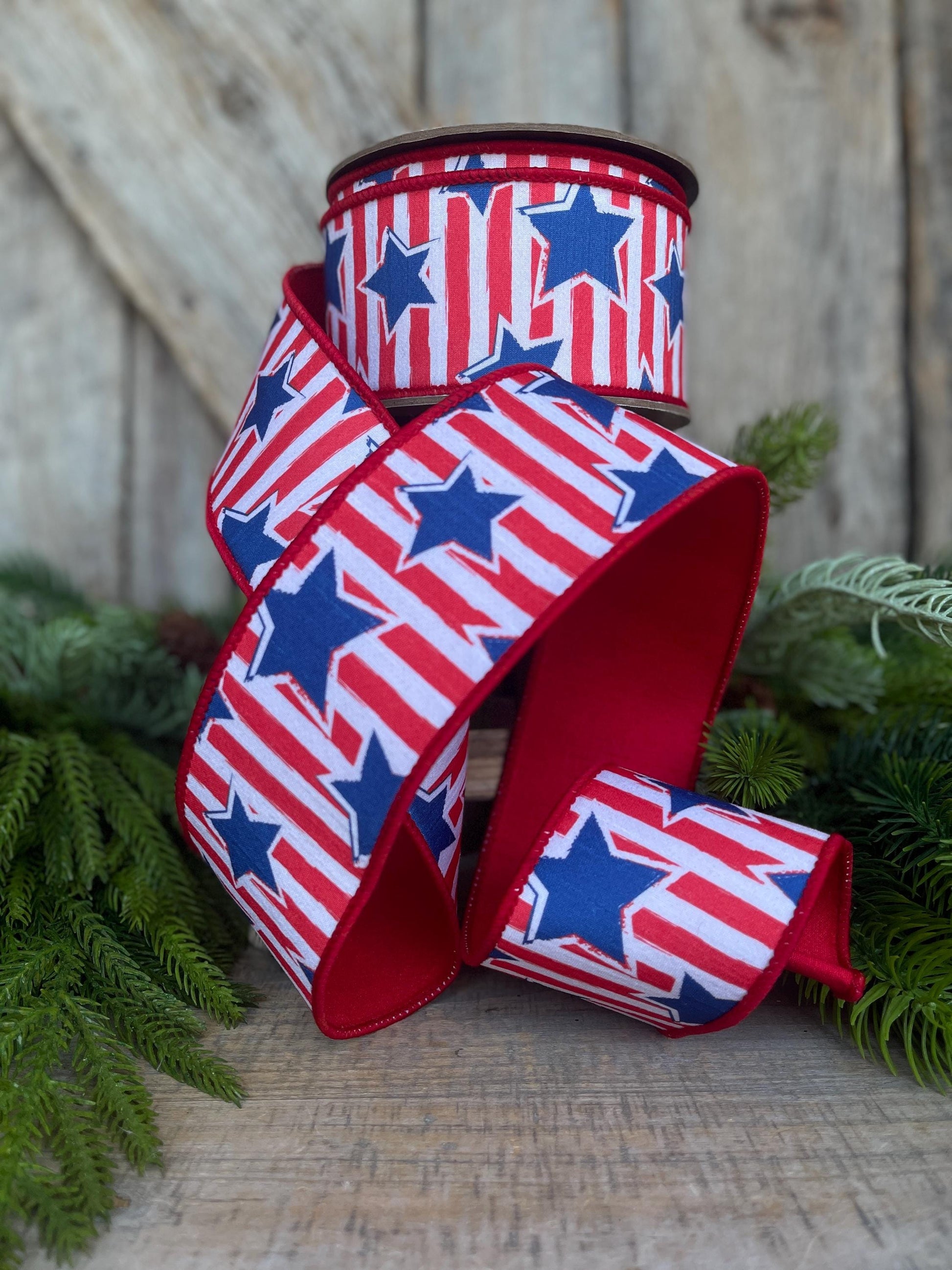 2.5" Patriotic Ribbon, Patriotic Wired Ribbon, Stars & Stripes Ribbon