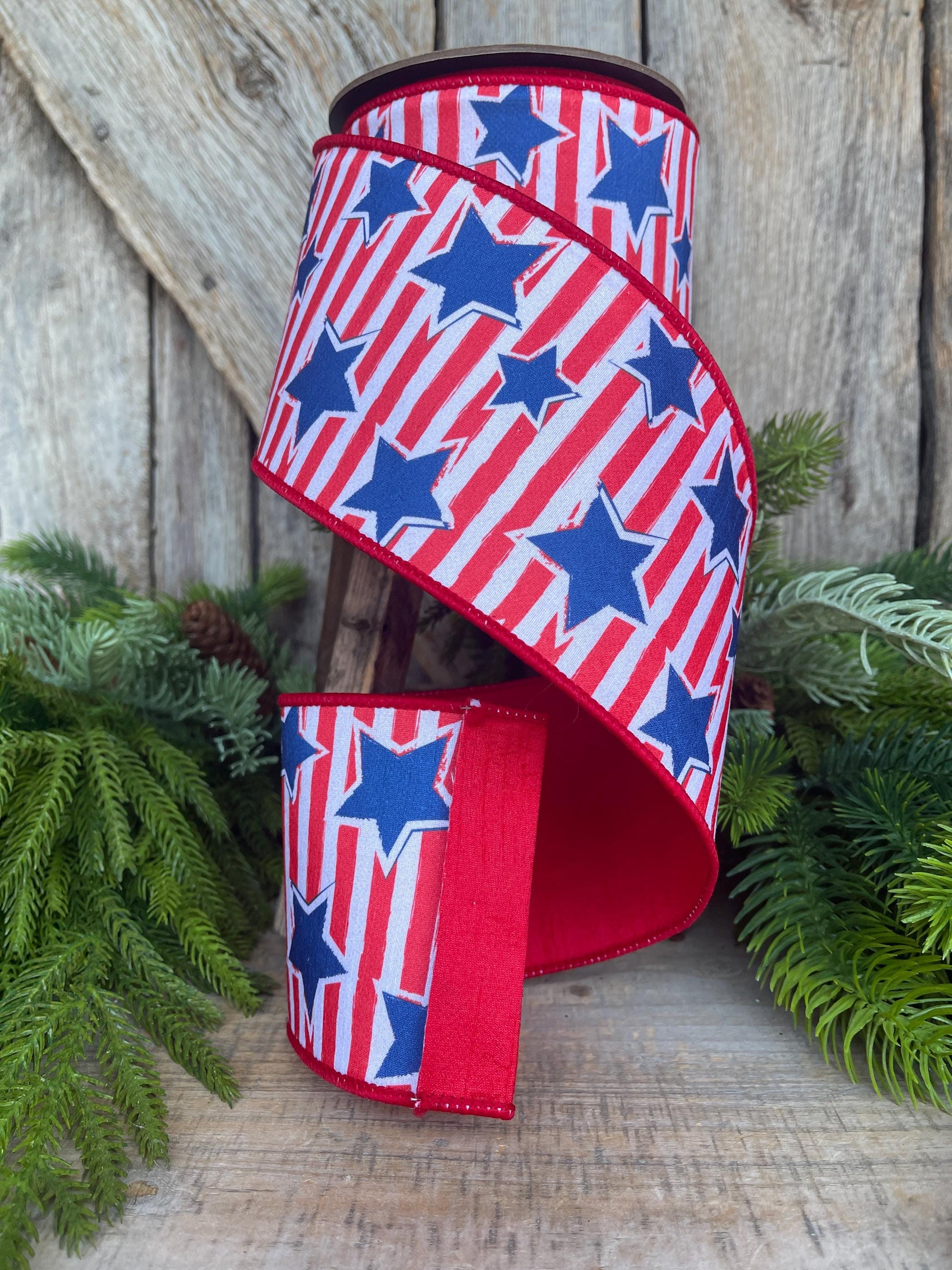 4" Patriotic Ribbon, Patriotic Wired Ribbon, Stars & Stripes Ribbon