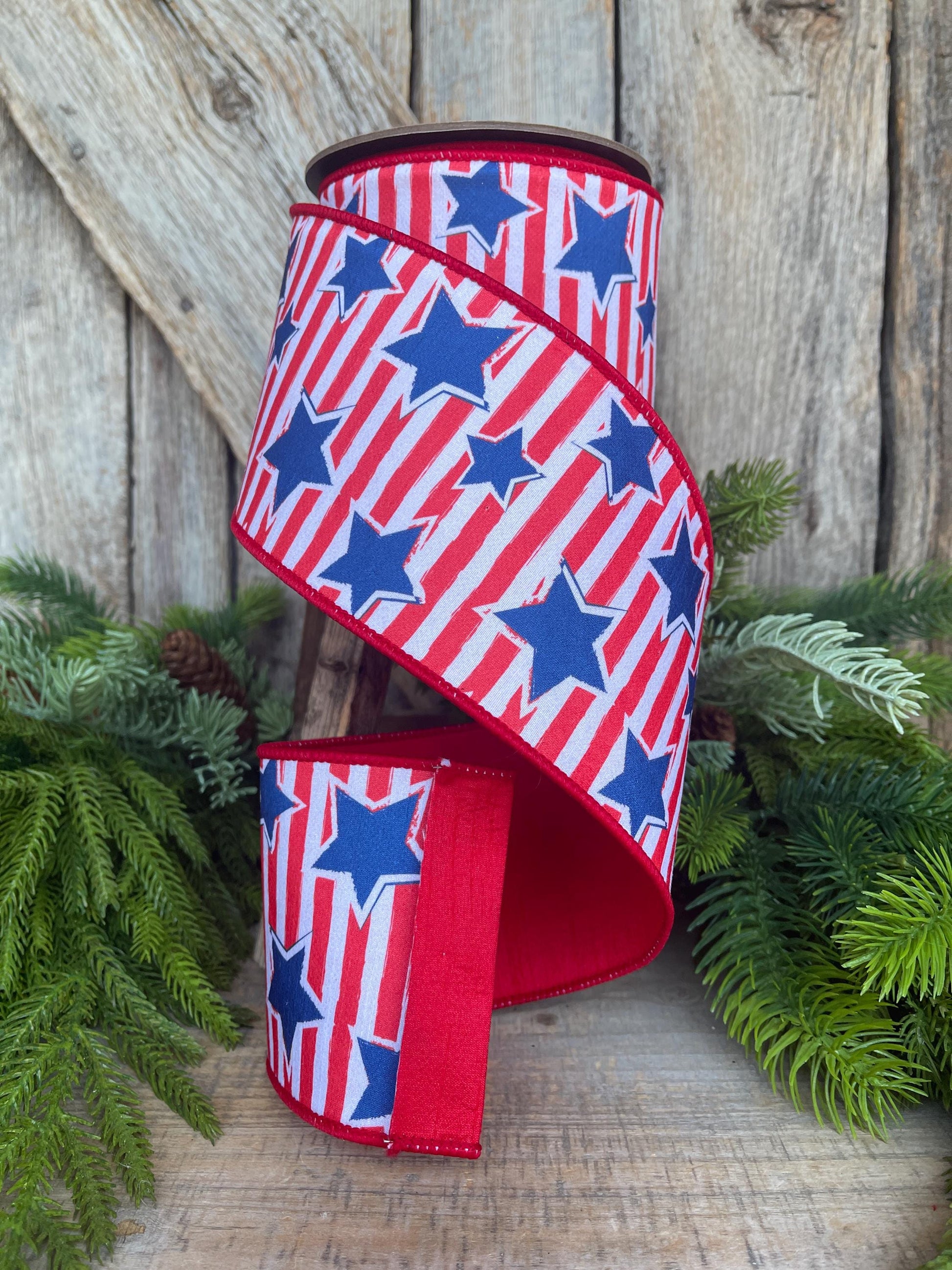 4" Patriotic Ribbon, Patriotic Wired Ribbon, Stars & Stripes Ribbon