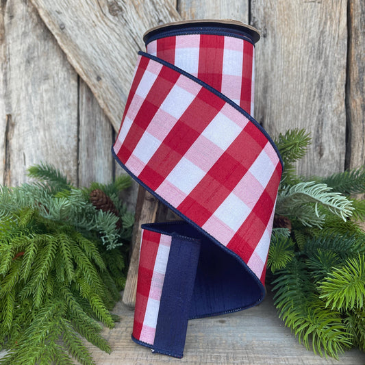 4" Patriotic Plaid Ribbon, D Stevens Ribbon, Red white blue check ribbon
