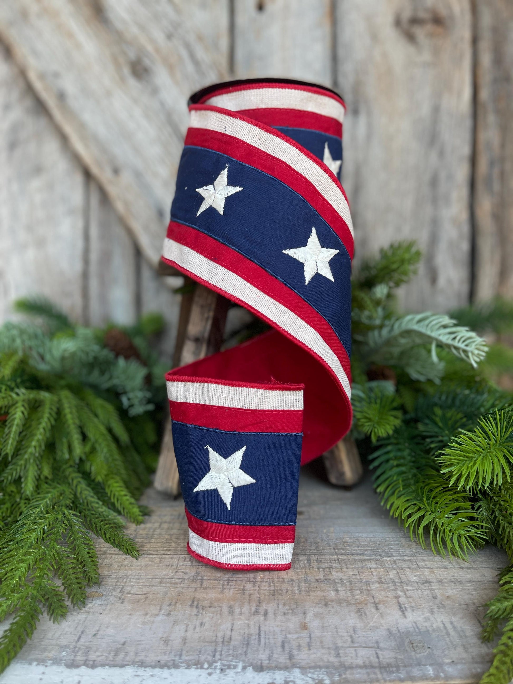 4" Patriotic Plaid Ribbon, D Stevens Ribbon, Stars Stripes Ribbon
