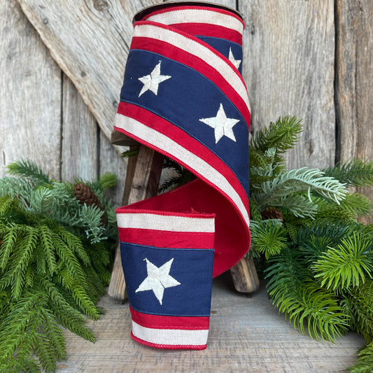 4" Patriotic Plaid Ribbon, D Stevens Ribbon, Stars Stripes Ribbon