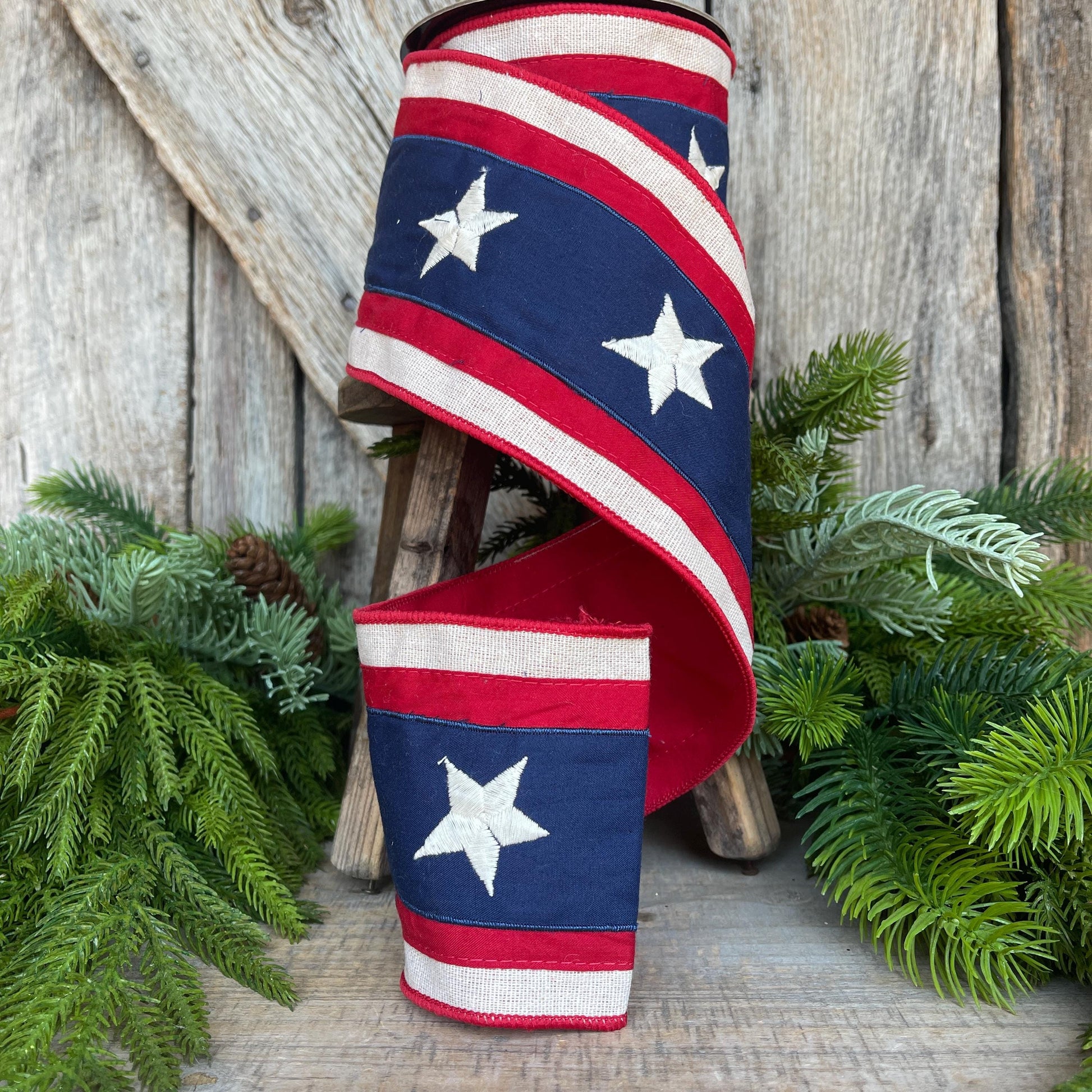 4" Patriotic Plaid Ribbon, D Stevens Ribbon, Stars Stripes Ribbon