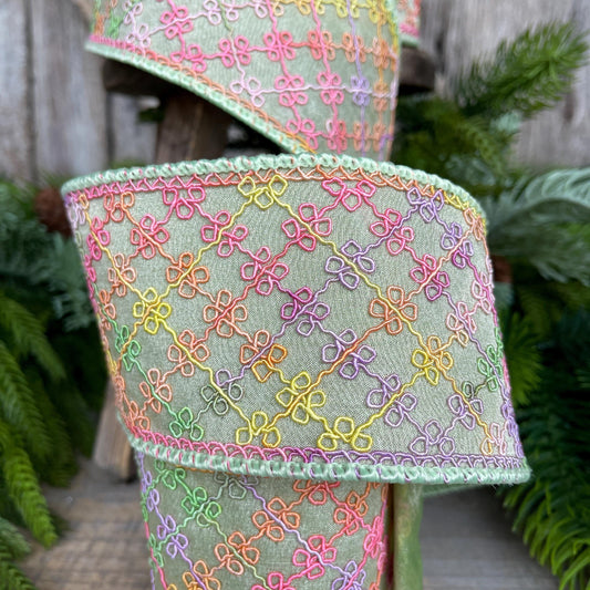 3.5" Pastel Ribbon, Farrisilk Ribbon, Tie Dye Trellis Ribbon, Colorful Ribbon, SR102-12