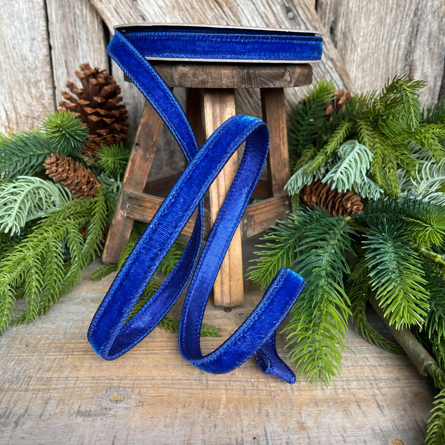 3/4" Blue Velvet Luster Wired Ribbon, Farrisilk Ribbon, Velvet Ribbon