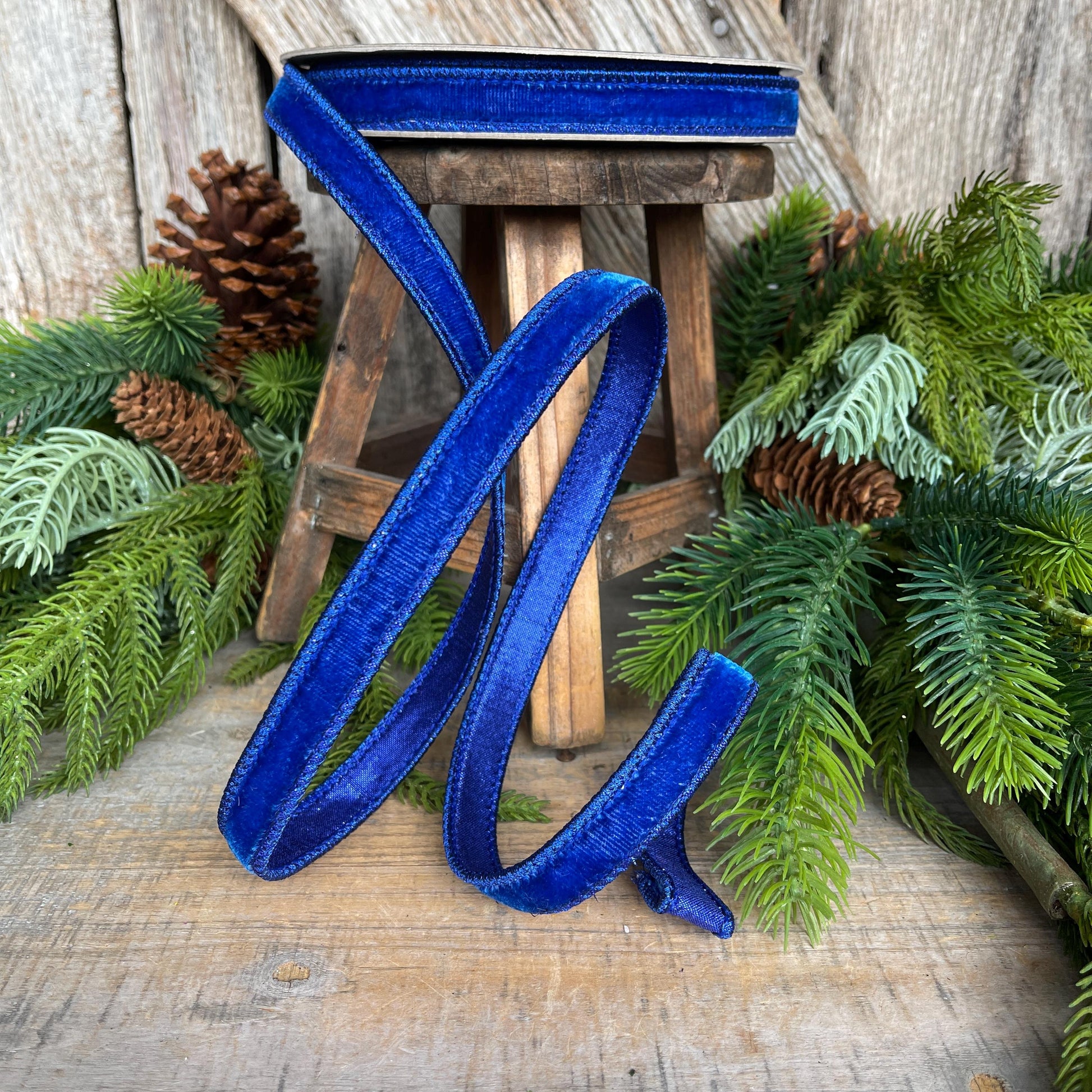 3/4" Blue Velvet Luster Wired Ribbon, Farrisilk Ribbon, Velvet Ribbon