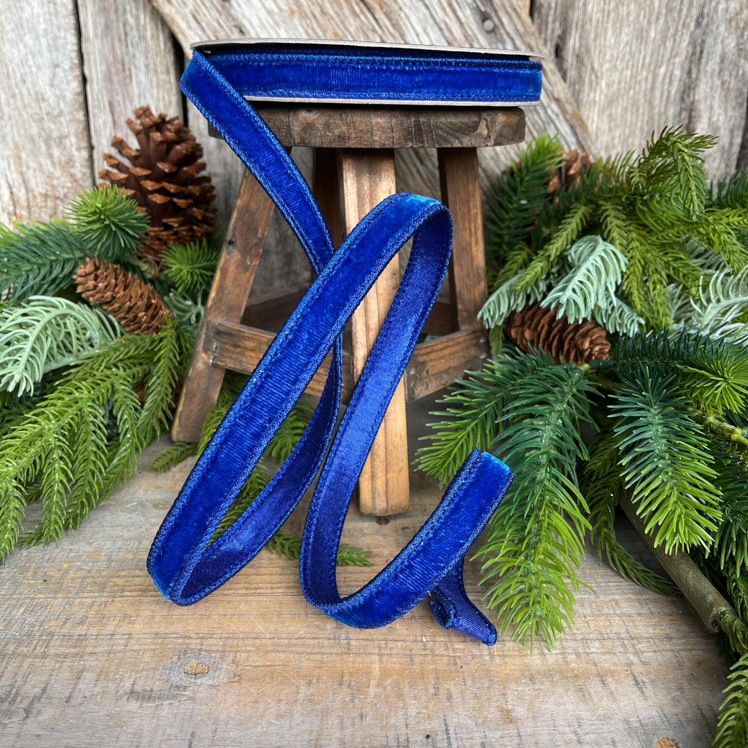 3/4" Blue Velvet Luster Wired Ribbon, Farrisilk Ribbon, Velvet Ribbon