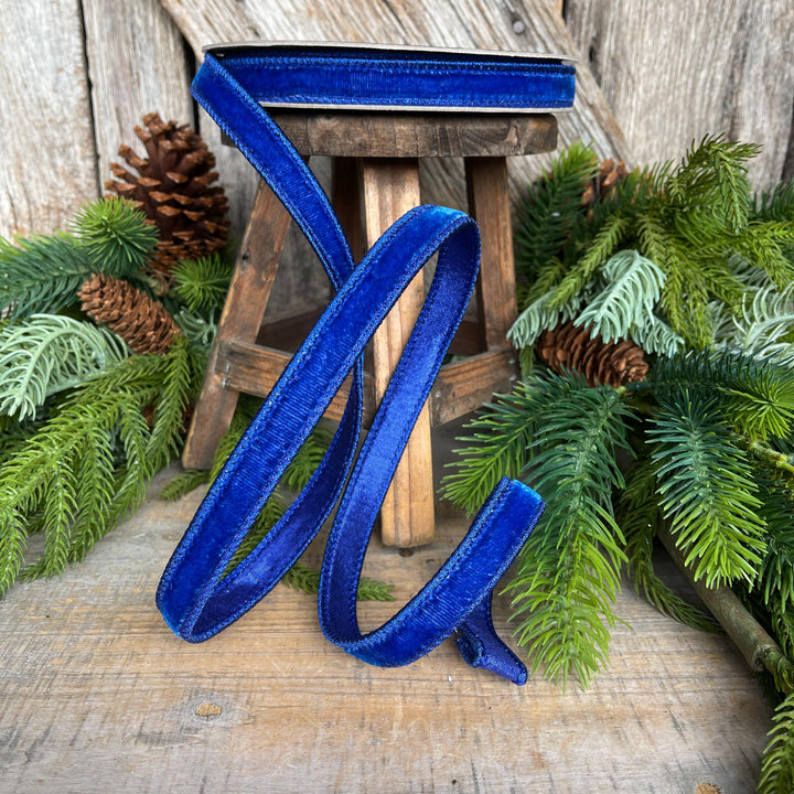3/4" Blue Velvet Luster Wired Ribbon, Farrisilk Ribbon, Velvet Ribbon