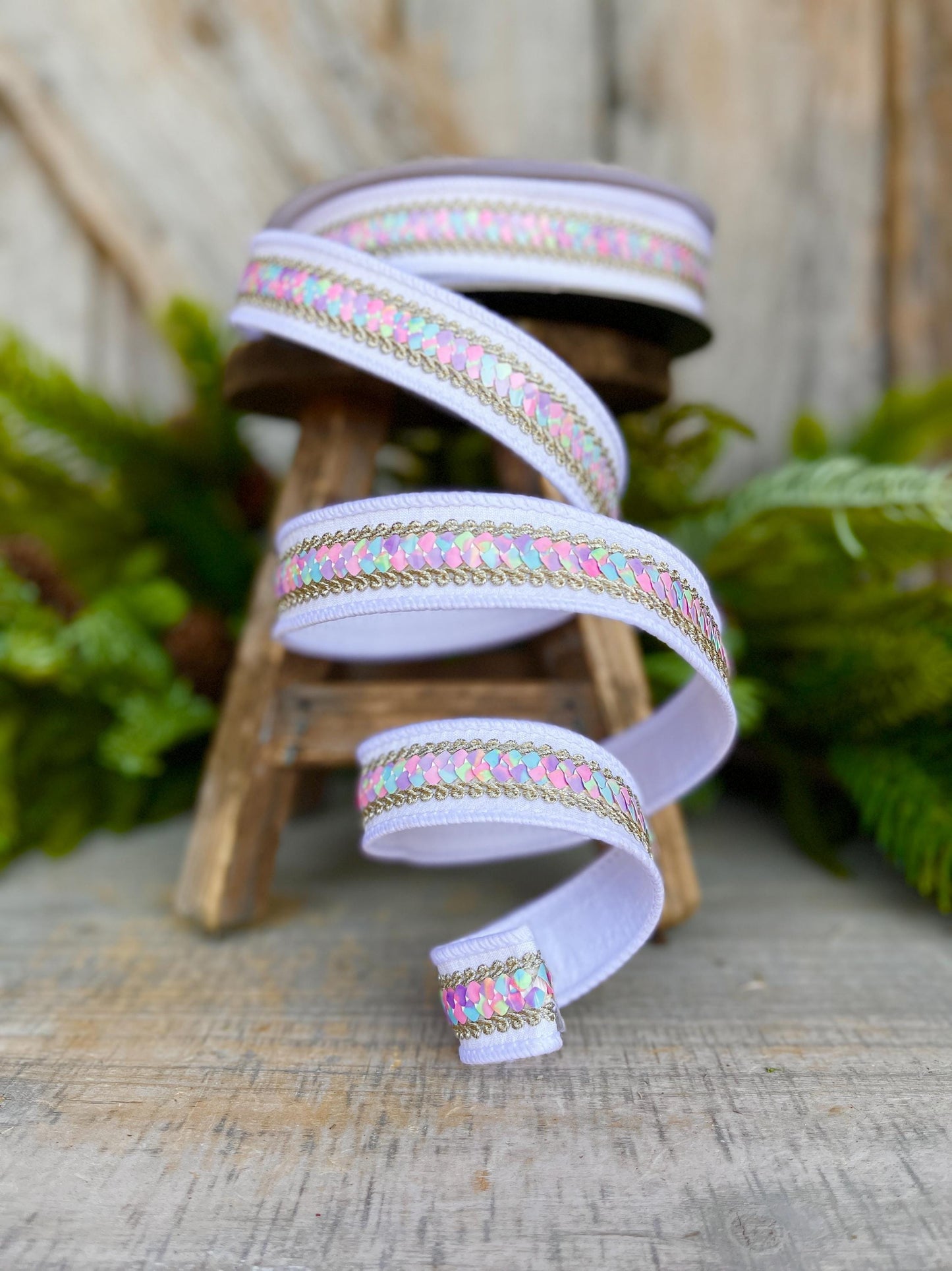 1" White Pastel Sequin Ribbon, Farrisilk Ribbon, Sequin RIbbon