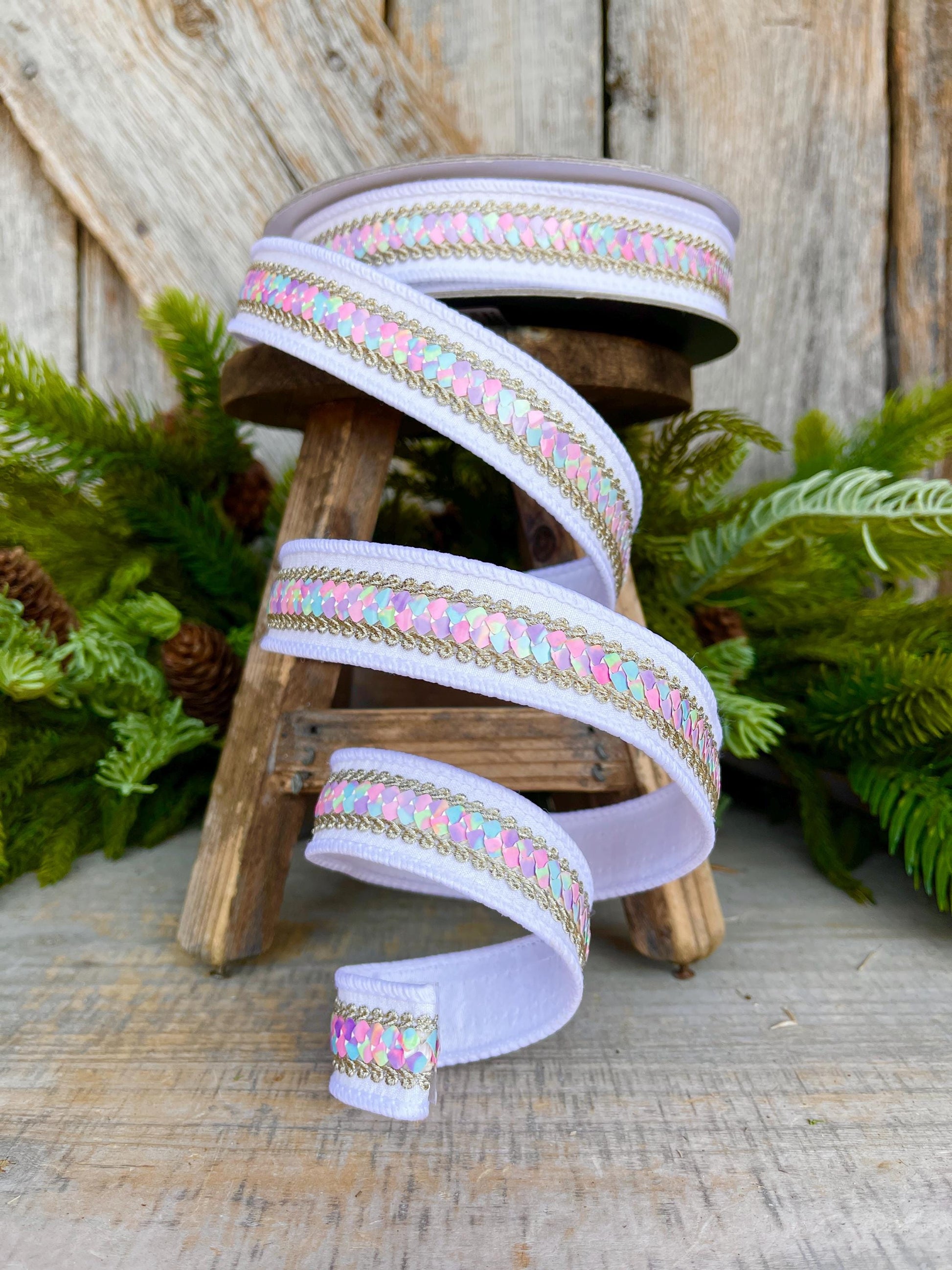 1" White Pastel Sequin Ribbon, Farrisilk Ribbon, Sequin RIbbon, Pastel Ribbon, Candy Ribbon, Heart Strings Ribbon, Christmas Ribbon,SR106-43
