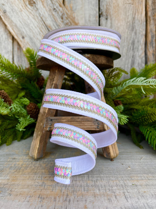 1" White Pastel Sequin Ribbon, Farrisilk Ribbon, Sequin RIbbon, Pastel Ribbon, Candy Ribbon, Heart Strings Ribbon, Christmas Ribbon,SR106-43