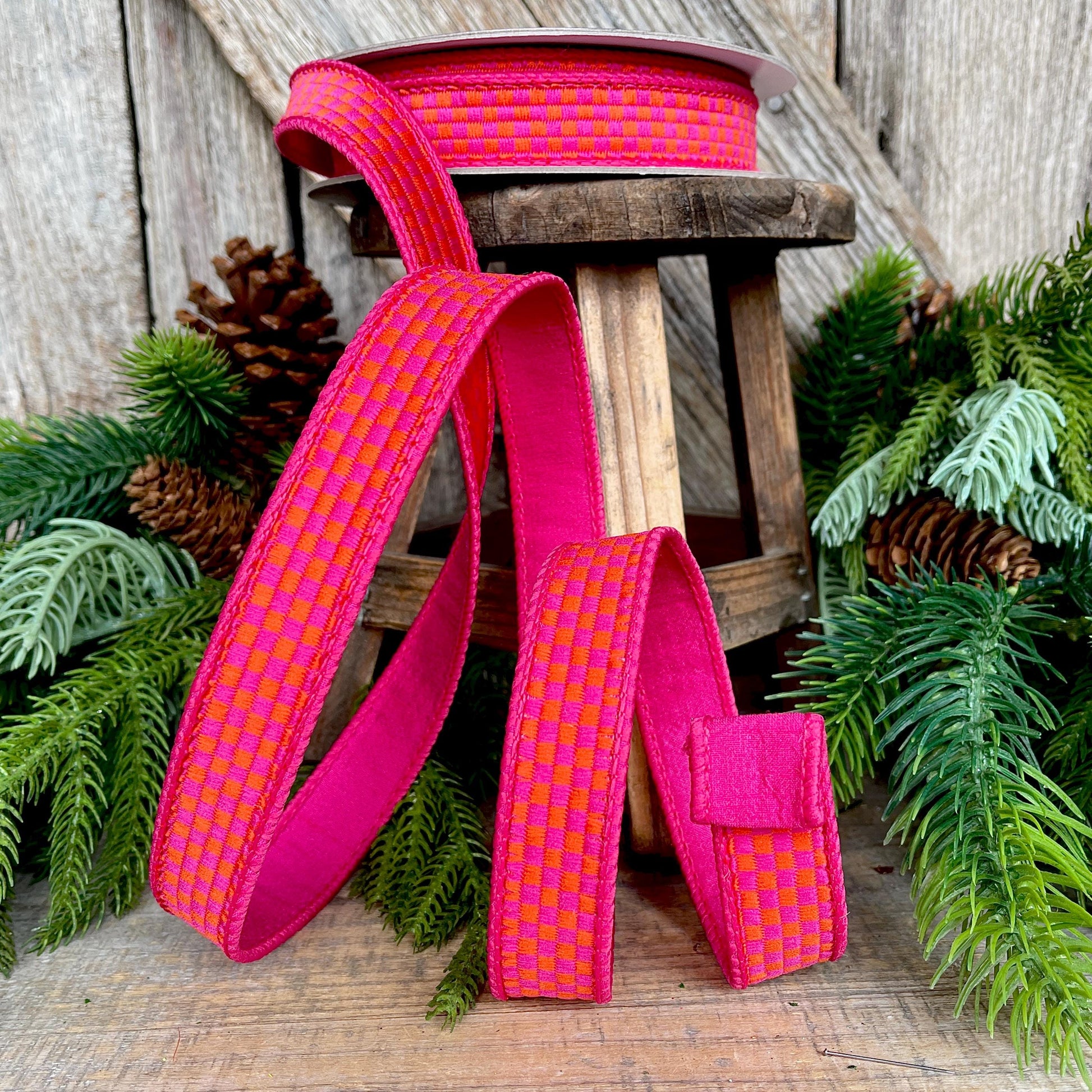 1" Hot Pink Orange Ribbon, Farrisilk Ribbon, Kitschy Checks Ribbon