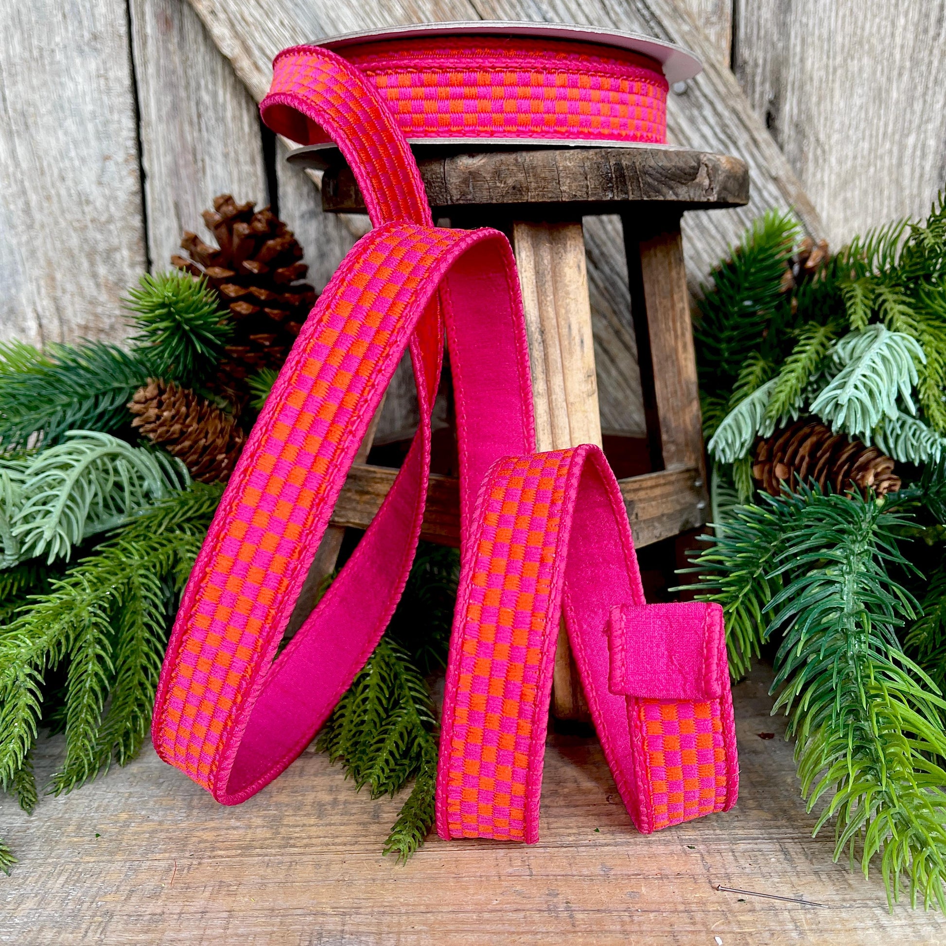 1" Hot Pink Orange Ribbon, Farrisilk Ribbon, Kitschy Checks Ribbon, Wired Ribbon, Pink Orange Christmas Ribbon, RK848-32