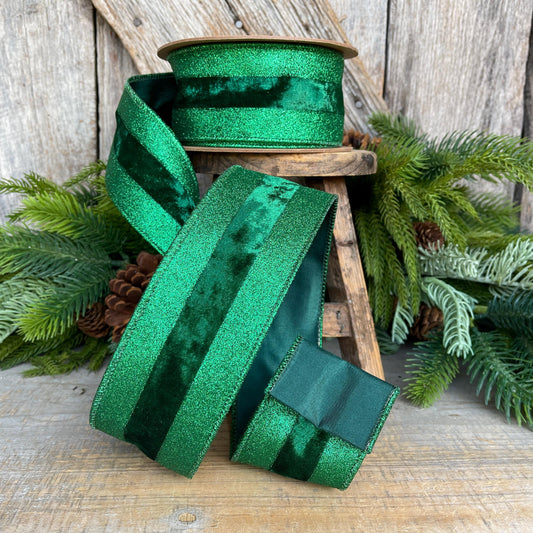 2.5" Emerald Green Velvet Ribbon, Vlevet Glitter Stripe Ribbon, Christmas Ribbon
