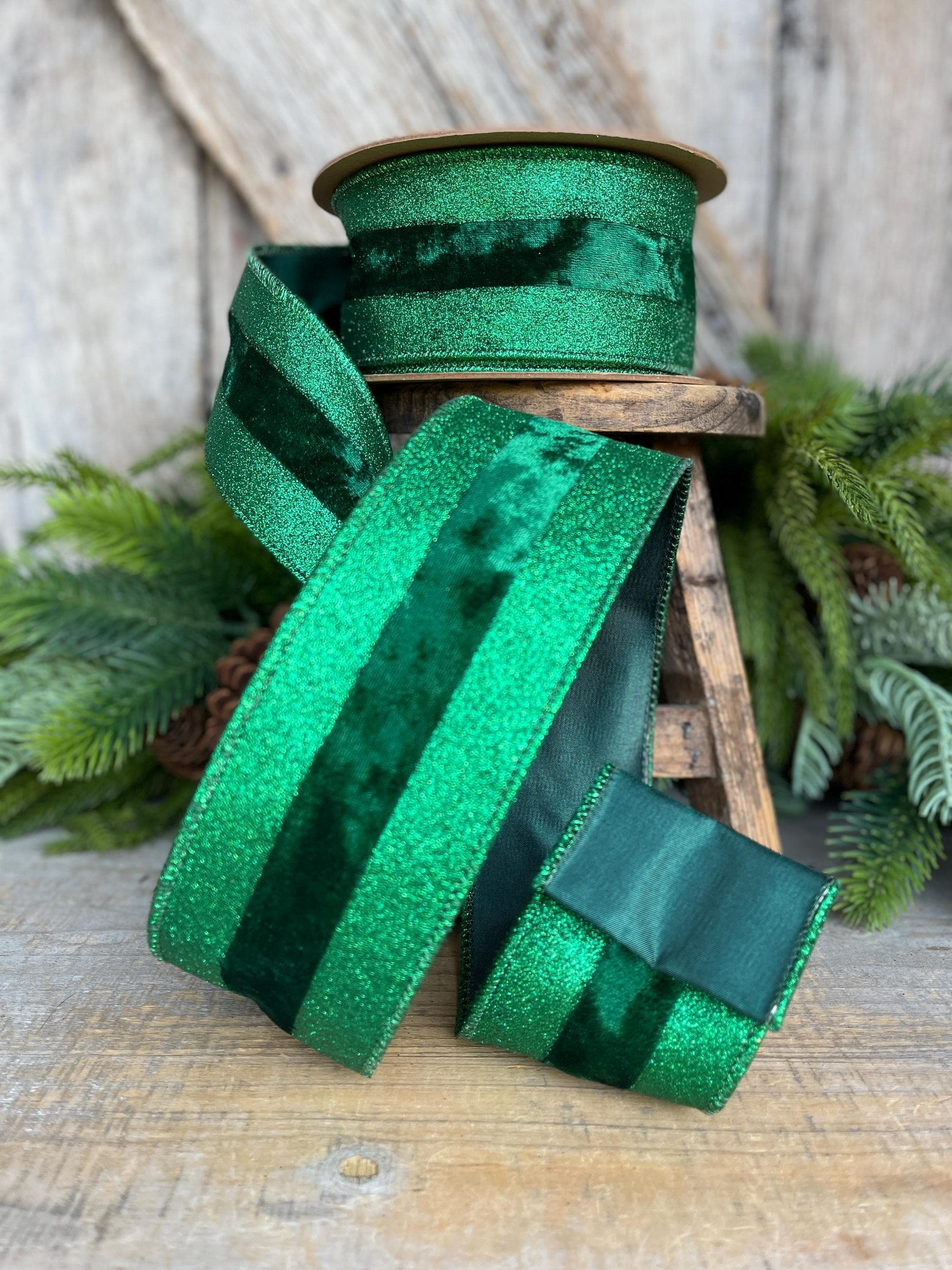 2.5" Emerald Green Velvet Ribbon, Vlevet Glitter Stripe Ribbon, Christmas Ribbon