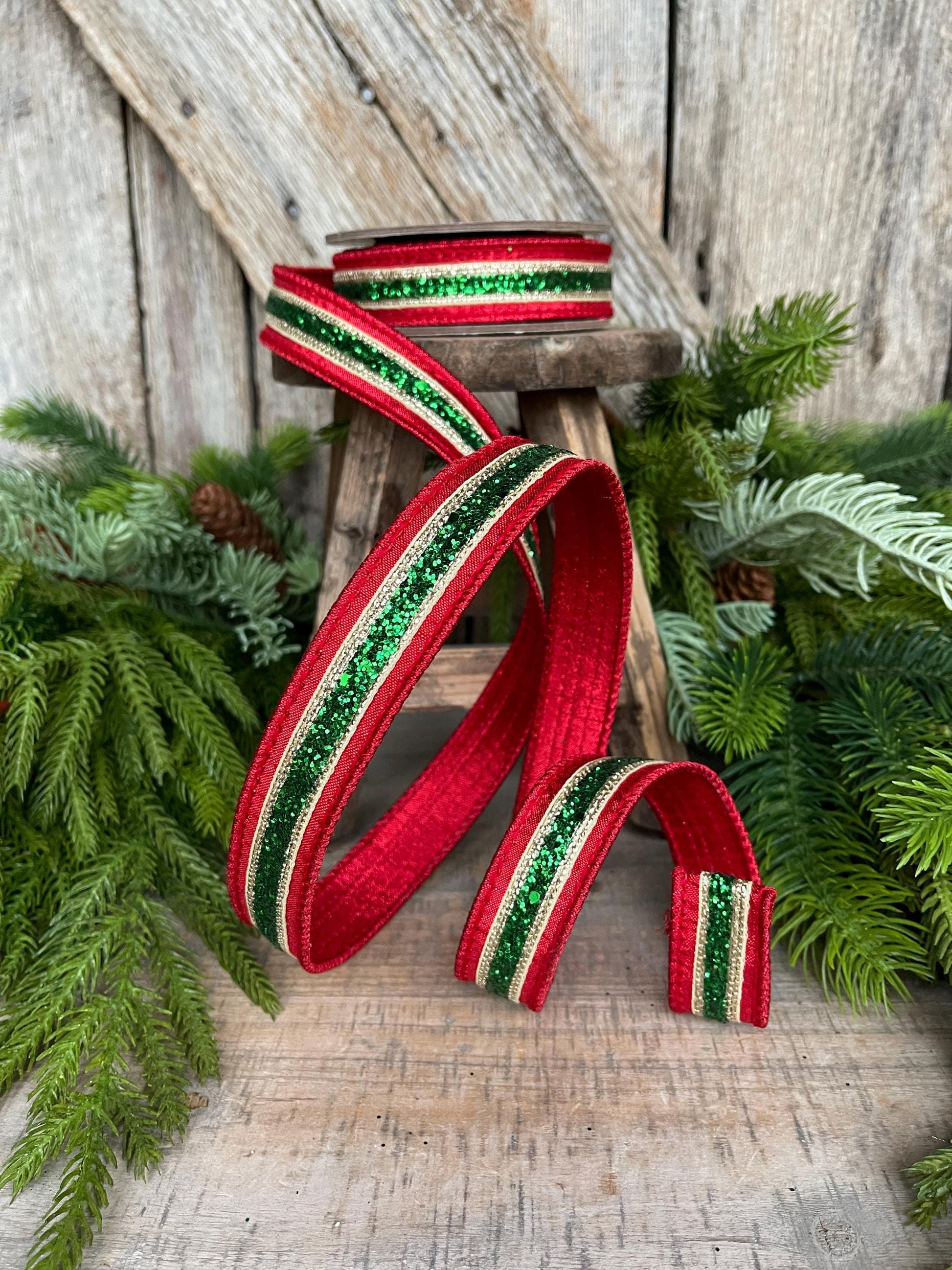 1" Red Green Gold Ribbon, Christmas ribbon, Green Red RIbbon, Emerald Green Ribbon, Christmas Ribbon, Designer RIbbon, 94288W-985-05D
