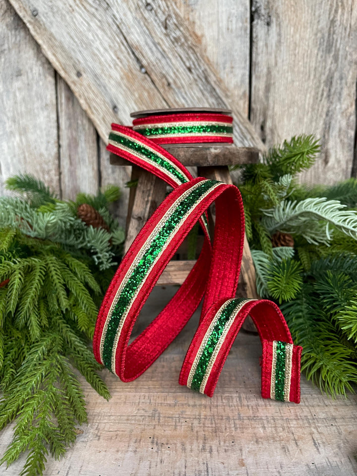 1" Red Green Gold Ribbon, Christmas ribbon, Green Red RIbbon