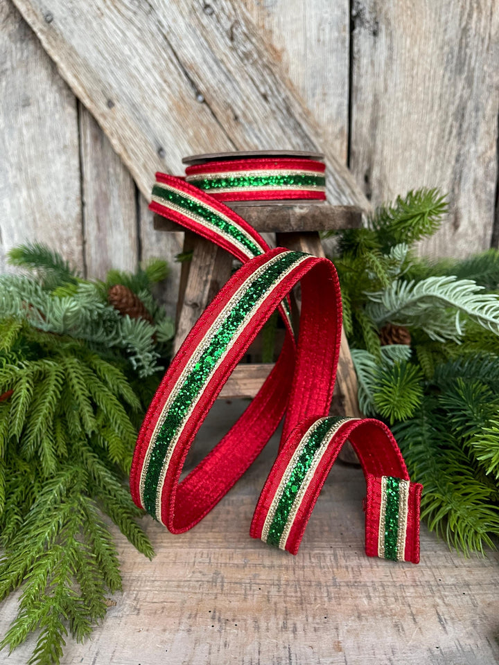 1" Red Green Gold Ribbon, Christmas ribbon, Green Red RIbbon
