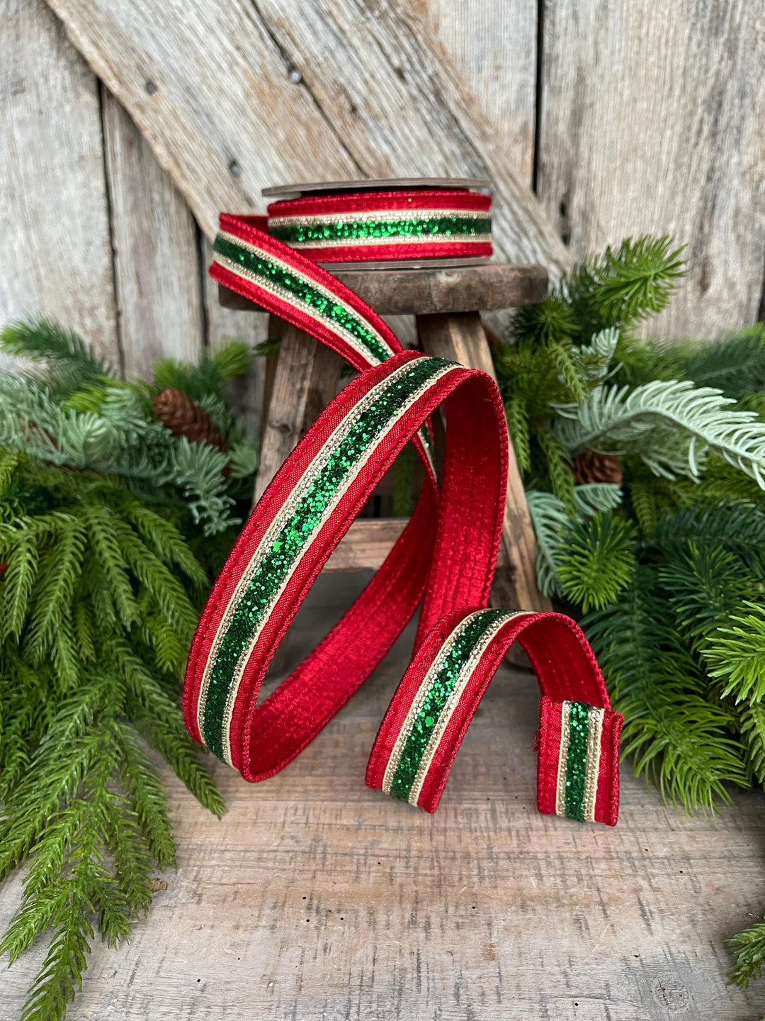 1" Red Green Gold Ribbon, Christmas ribbon, Green Red RIbbon