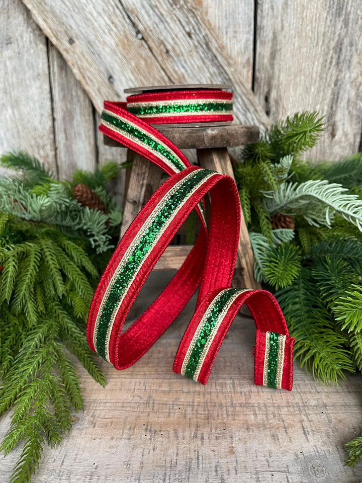 1" Red Green Gold Ribbon, Christmas ribbon, Green Red RIbbon