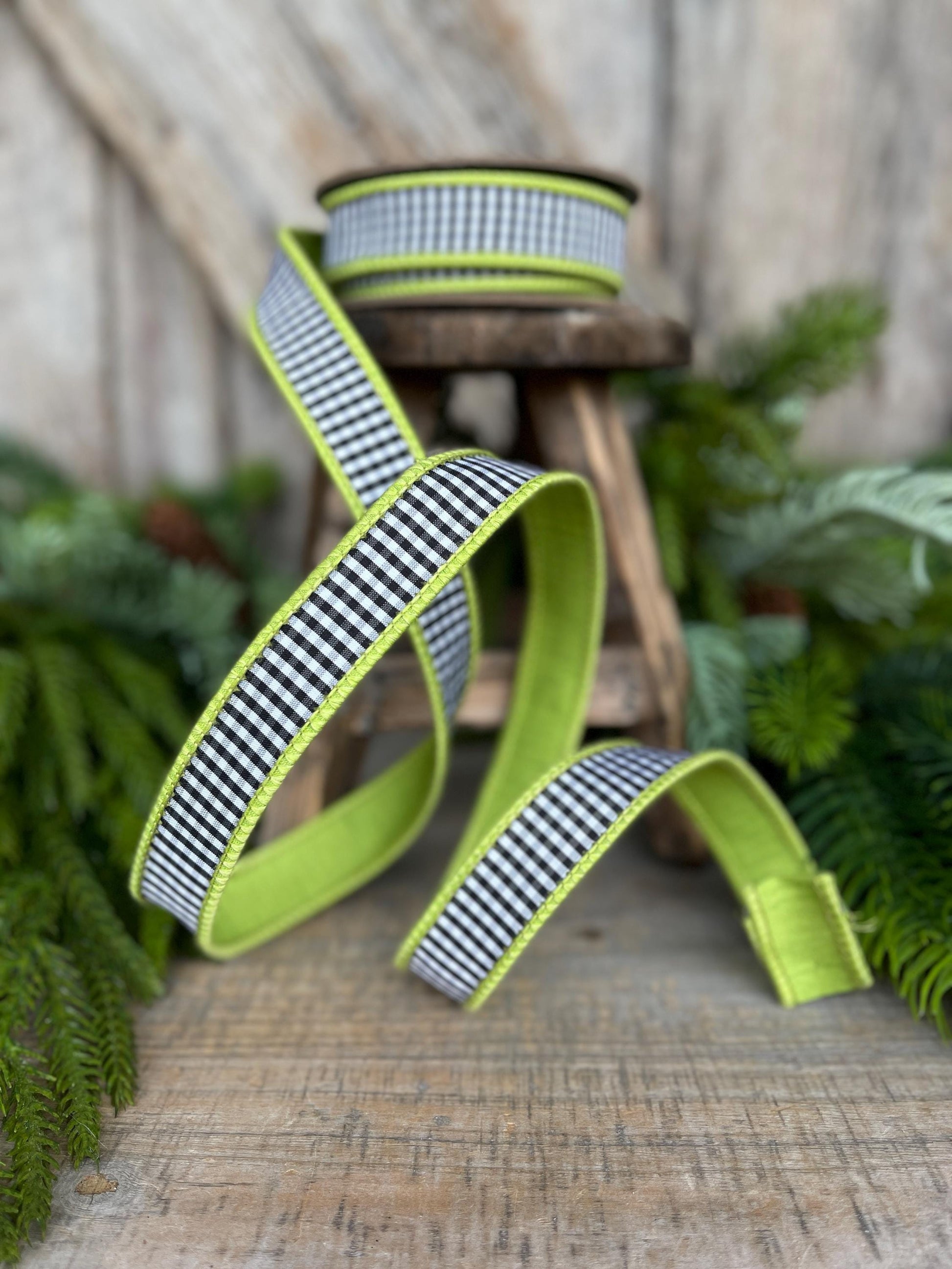 1" Lime Green & Black White Mini Checkered Ribbon, D Stevens Ribbon, Check Ribbon, Narrow Ribbon, Designer RIbbon, Wreath Supply,87-1637