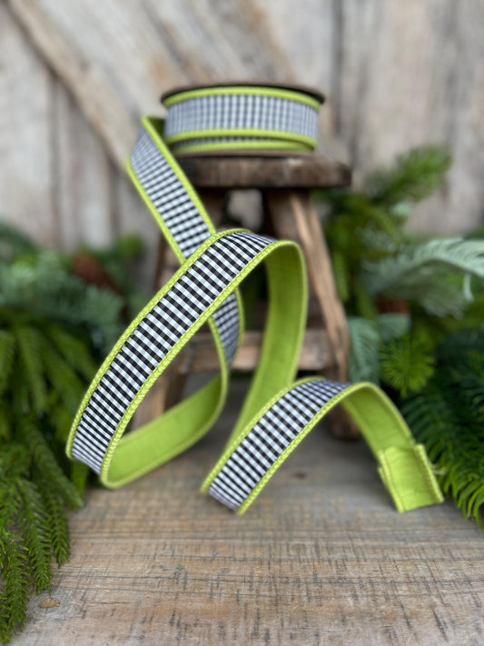 1" Lime Green & Black White Mini Checkered Ribbon, D Stevens Ribbon, Check Ribbon, Narrow Ribbon, Designer RIbbon, Wreath Supply,87-1637