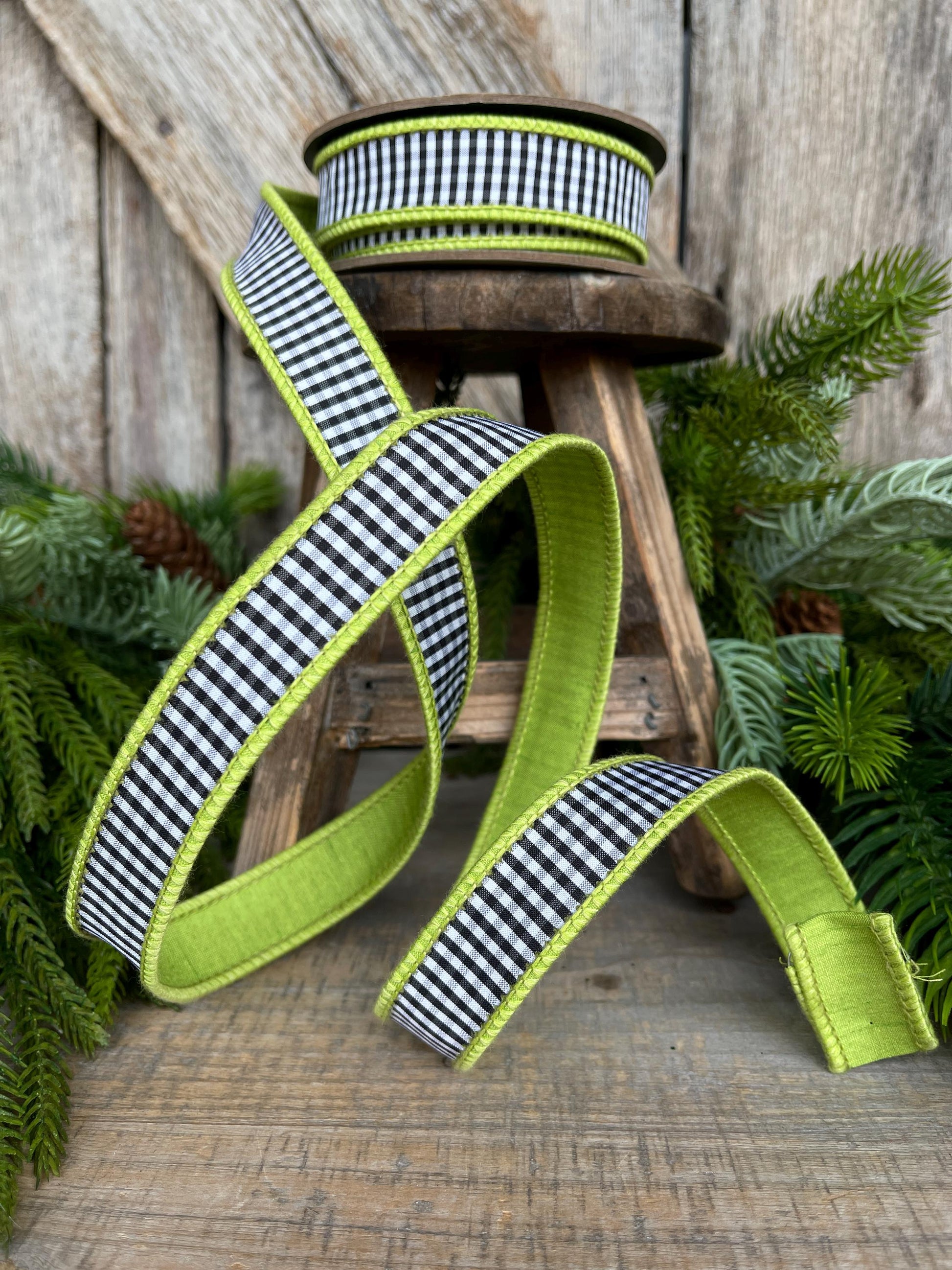 1" Lime Green & Black White Mini Checkered Ribbon, D Stevens Ribbon, Check Ribbon, Narrow Ribbon, Designer RIbbon, Wreath Supply,87-1637