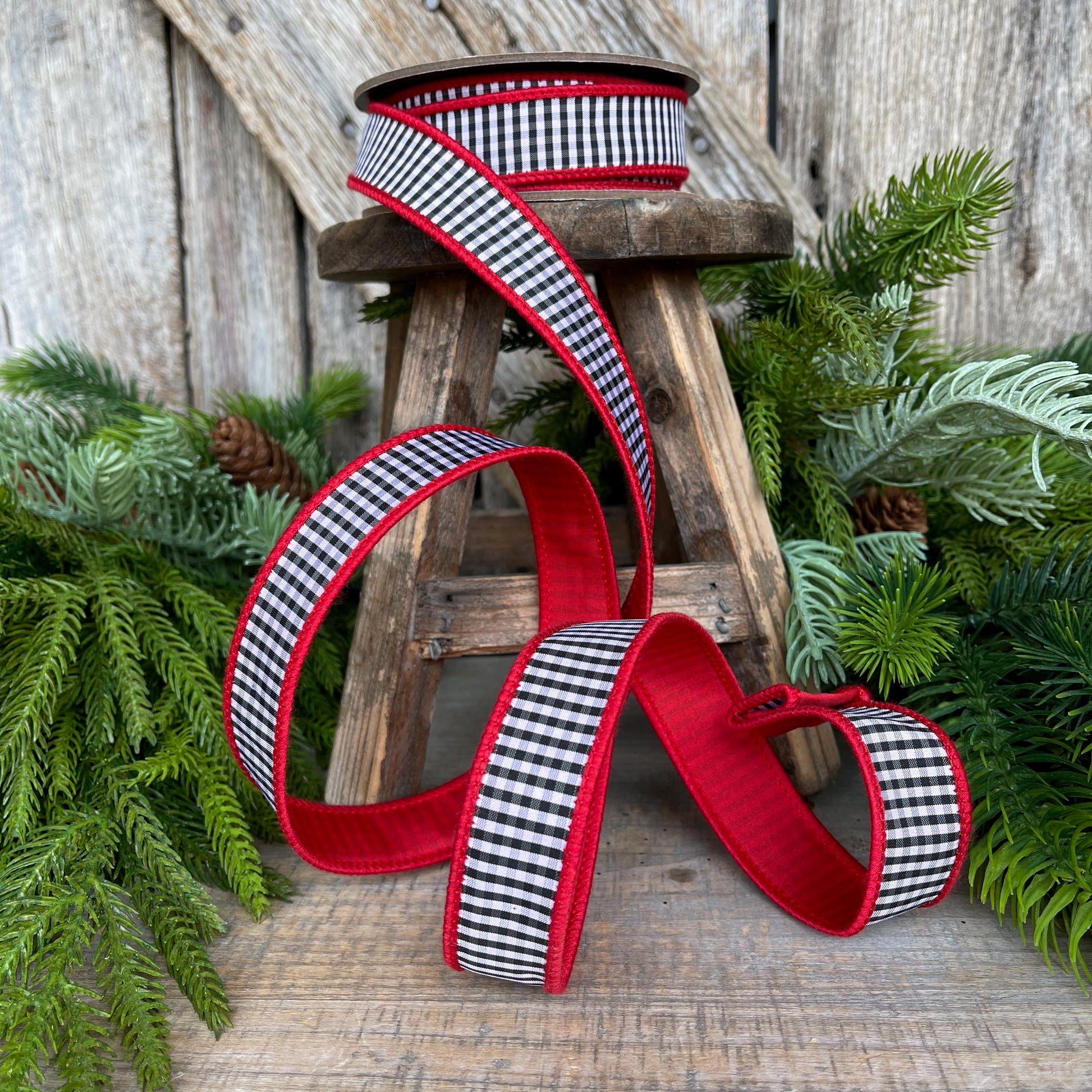 1" Red & Black White Mini Checkered Ribbon, D Stevens Ribbon, Check Ribbon, Narrow Ribbon, Designer RIbbon, Wreath Supply, 87-1641