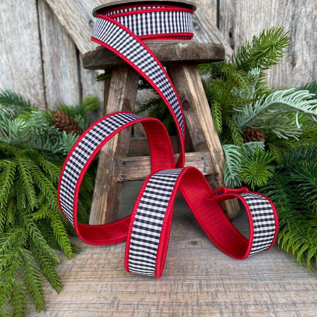 1" Red &amp; Black White Mini Checkered Ribbon, Check Ribbon, Narrow Ribbon