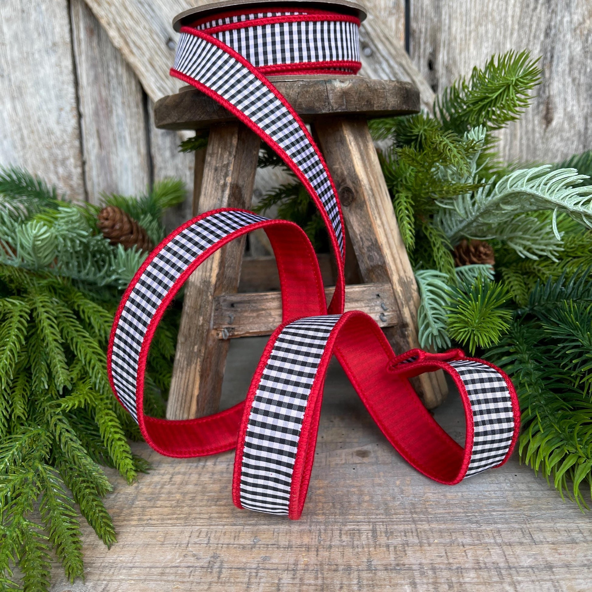 1" Red & Black White Mini Checkered Ribbon, D Stevens Ribbon, Check Ribbon, Narrow Ribbon, Designer RIbbon, Wreath Supply, 87-1641