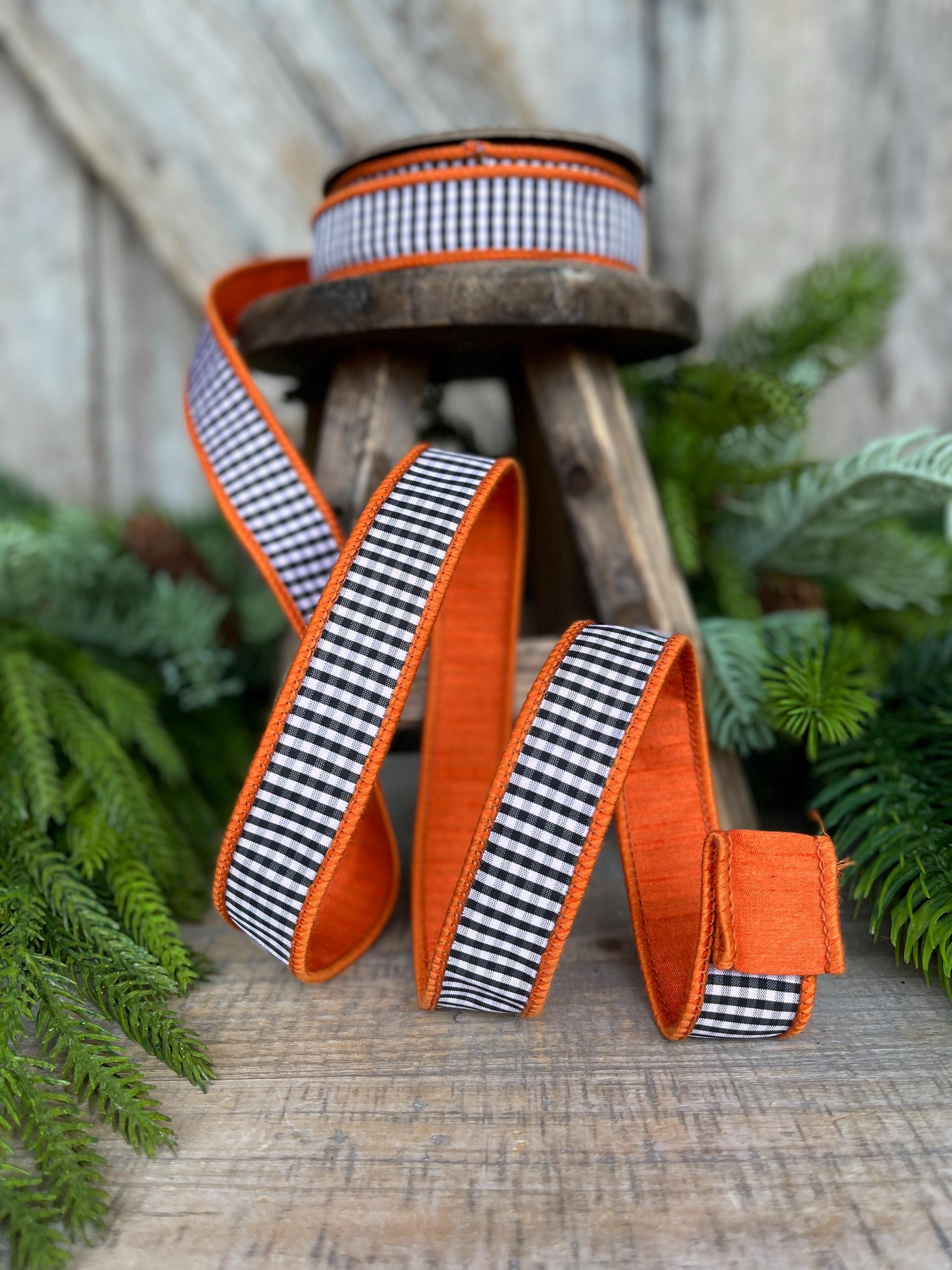 1" Orange & Black White Mini Checkered Ribbon, D Stevens Ribbon, Fall Check Ribbon, Narrow Ribbon, Designer RIbbon, Wreath Supply, 87-1635