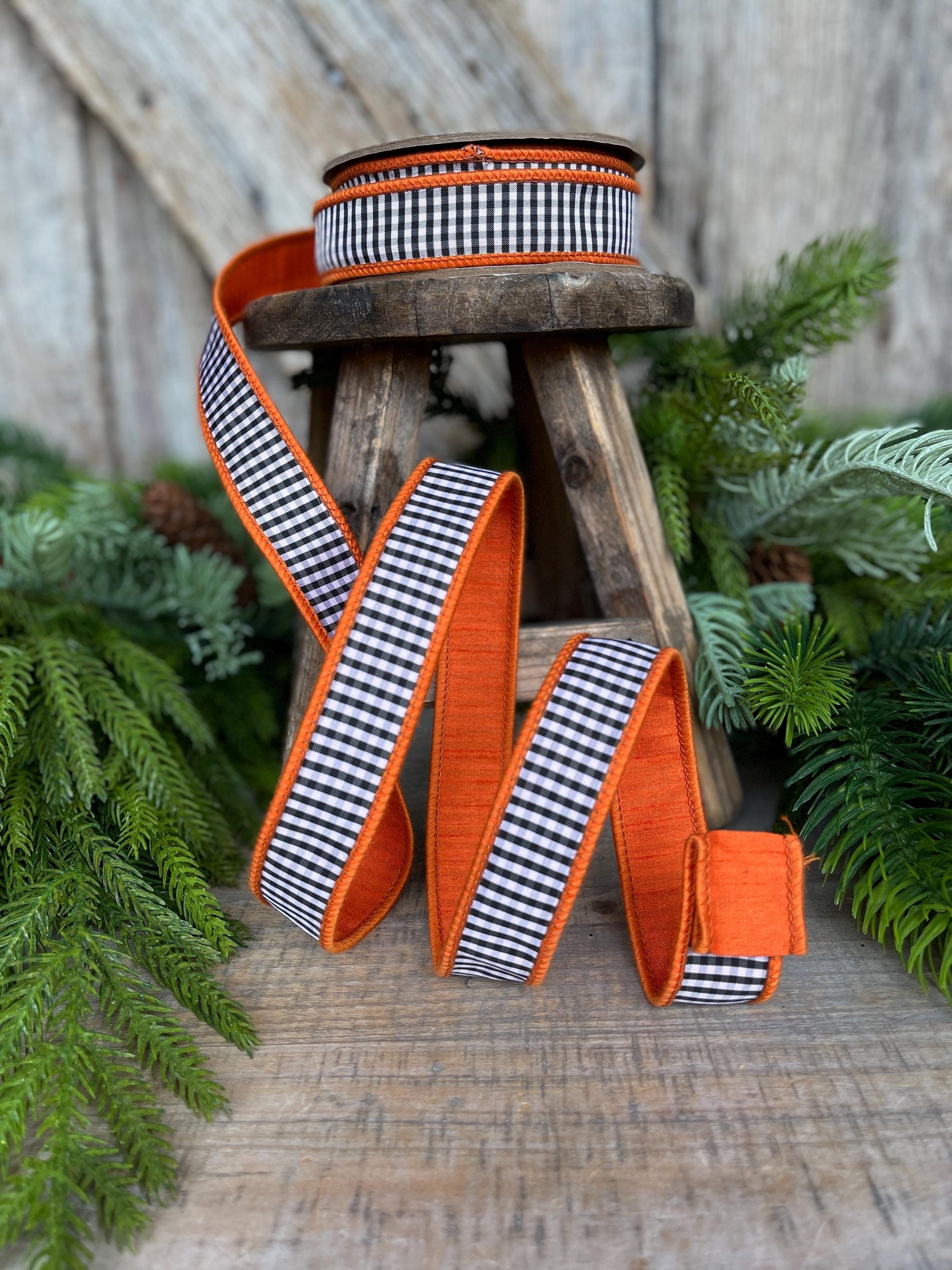 1" Orange & Black White Mini Checkered Ribbon, D Stevens Ribbon, Fall Check Ribbon, Narrow Ribbon, Designer RIbbon, Wreath Supply, 87-1635