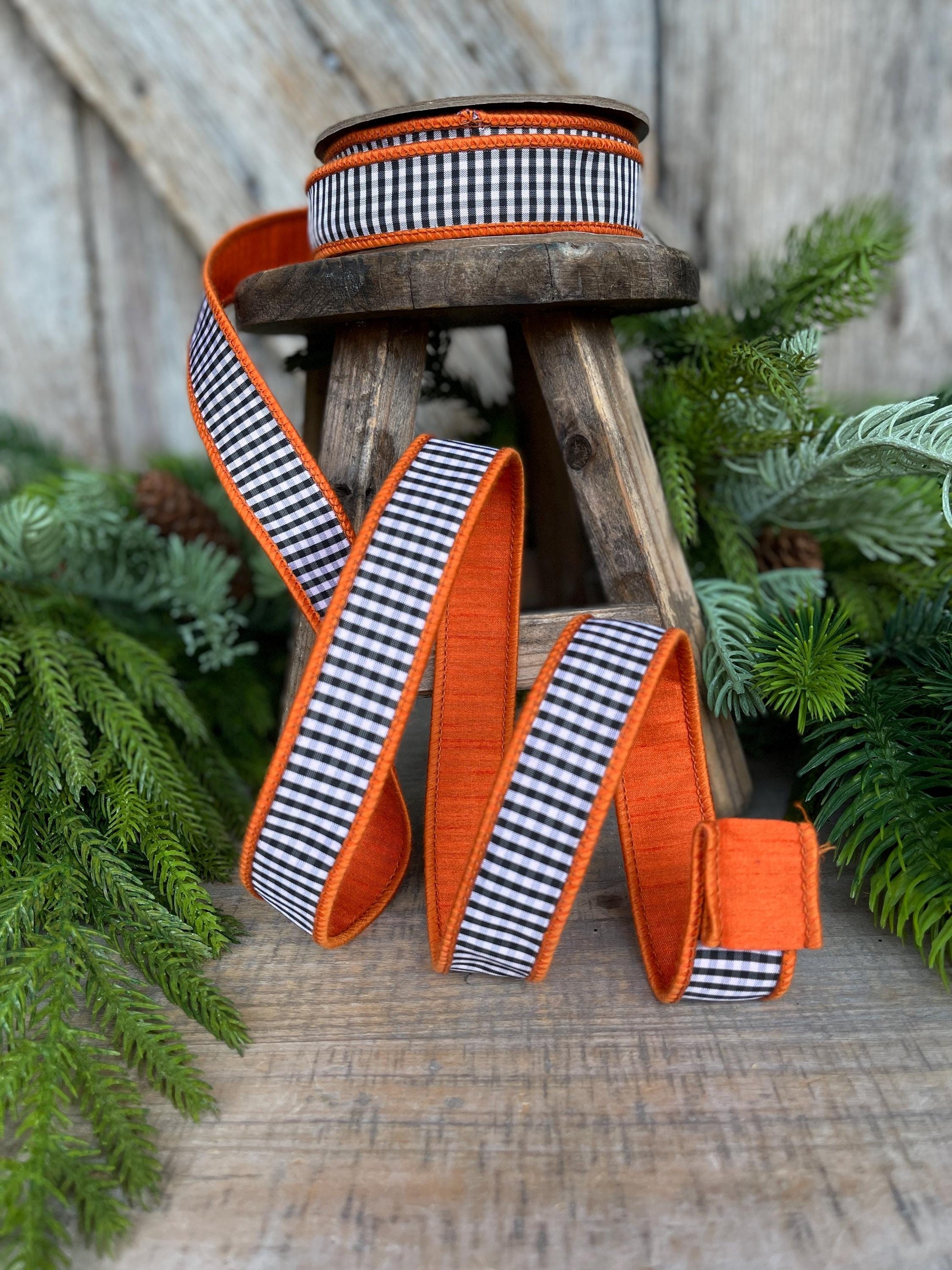 1" Orange & Black White Mini Checkered Ribbon, D Stevens Ribbon, Fall Check Ribbon, Narrow Ribbon, Designer RIbbon, Wreath Supply, 87-1635