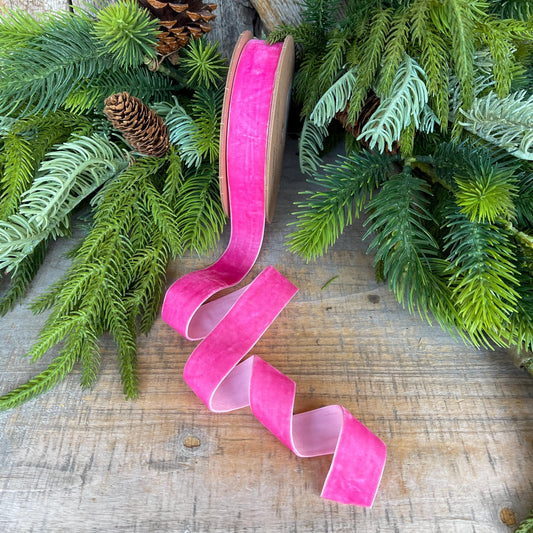 1" Hot Pink Unwired Velvet Ribbon, Christmas Bow Ribbon, Pink Velvet Ribbon, Christmas Tree Ribbon