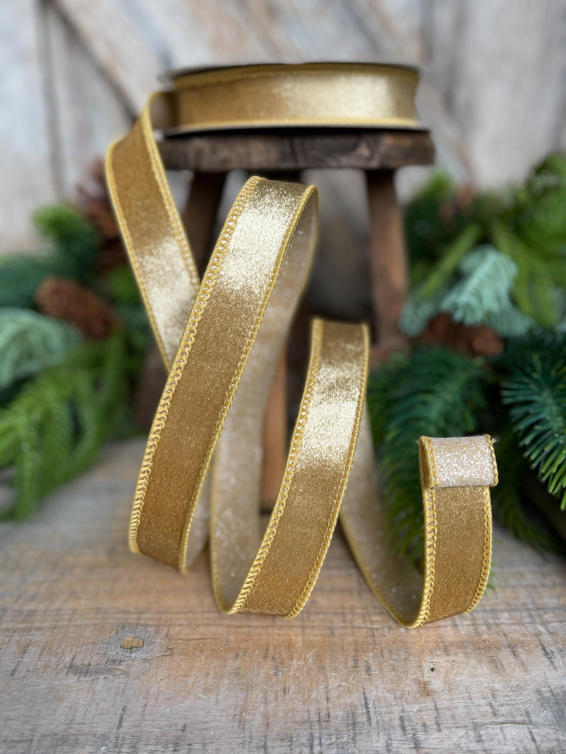 1" Gold Velvet Ribbon, Farrisilk Ribbon, Gold Ribbon, Christmas Ribbon, Plush Stardust ribbon, Designer Ribbon, RS206-50