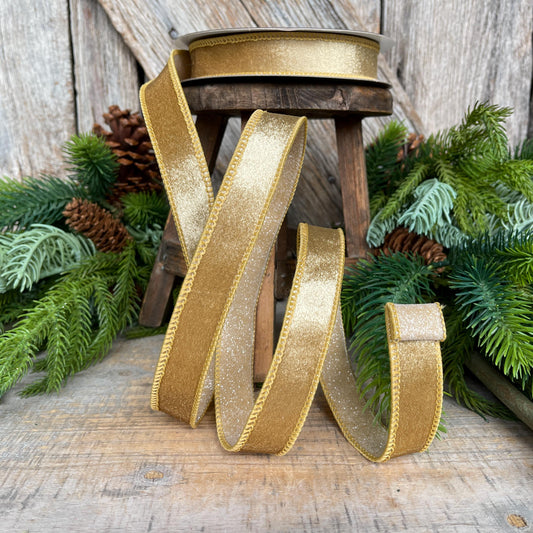 1" Gold Velvet Ribbon, Farrisilk Ribbon, Gold Ribbon, Christmas Ribbon, Plush Stardust ribbon, Designer Ribbon, RS206-50
