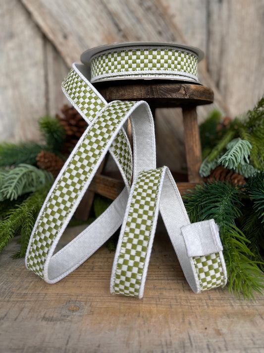 1" Moss Green Check Ribbon, Farrisilk Ribbon, Olive Green Check Ribbon, Kitschy Checks, Christmas Ribbon, Fall Ribbon, RK848-76