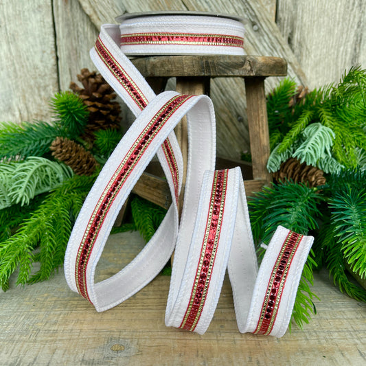 1" Red White Twinkle Trim Ribbon, Farrisilk ribbon, Red Jeweled RIbbon, White & Red Ribbon, Red Christmas Ribbon, Designer RIbbon, RK756-01