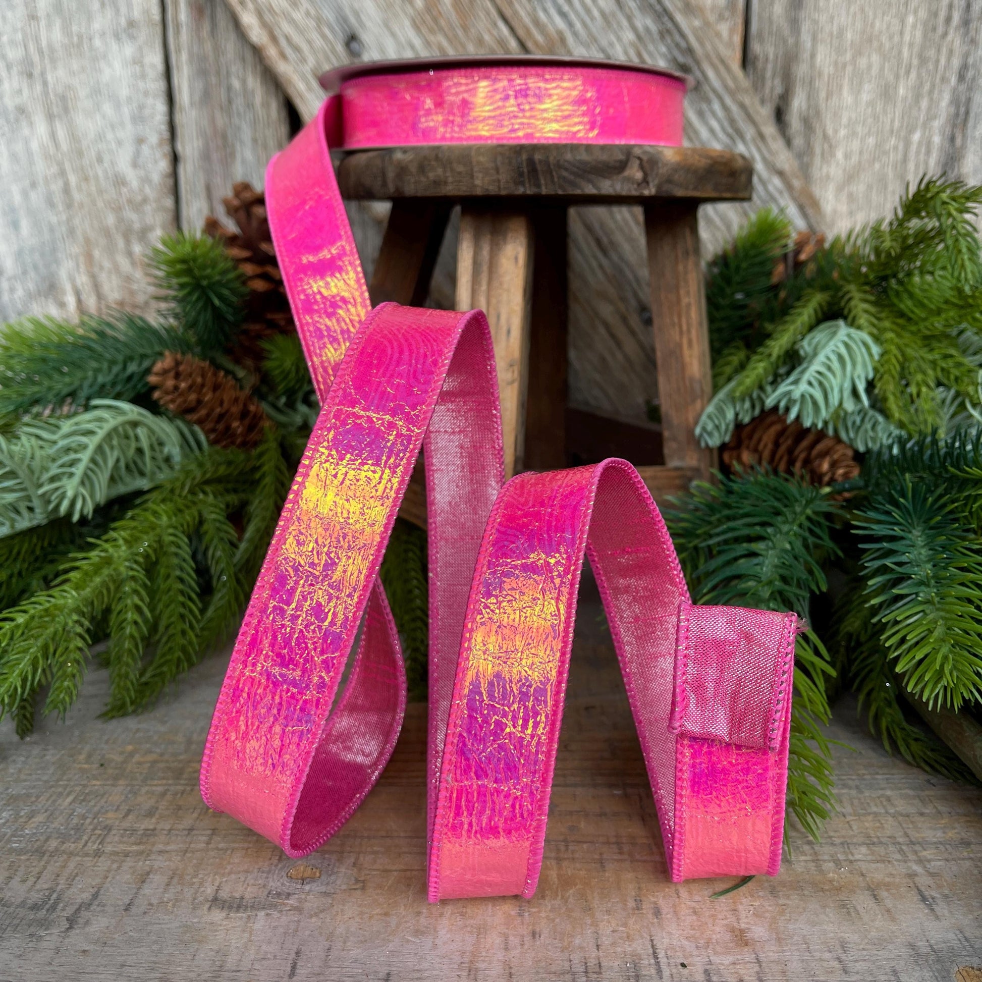 1" Hot Pink Iridescent Ribbon, Farrisilk Ribbon, Bubble Gum Pink Electric Ribbon