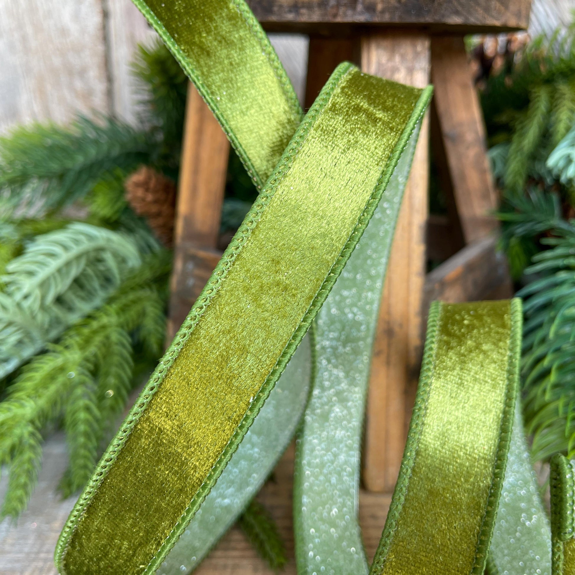 1" Forest Green Velvet Ribbon, Farrisilk Ribbon, Green Ribbon, Christmas Ribbon, Plush Stardust ribbon, Moss Green Designer Ribbon, RS206-45