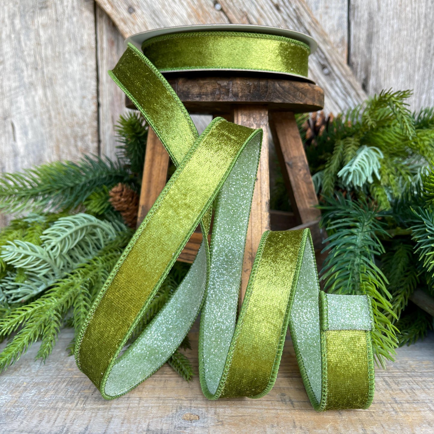 1" Forest Green Velvet Ribbon, Farrisilk Ribbon, Green Ribbon, Christmas Ribbon, Plush Stardust ribbon, Moss Green Designer Ribbon, RS206-45