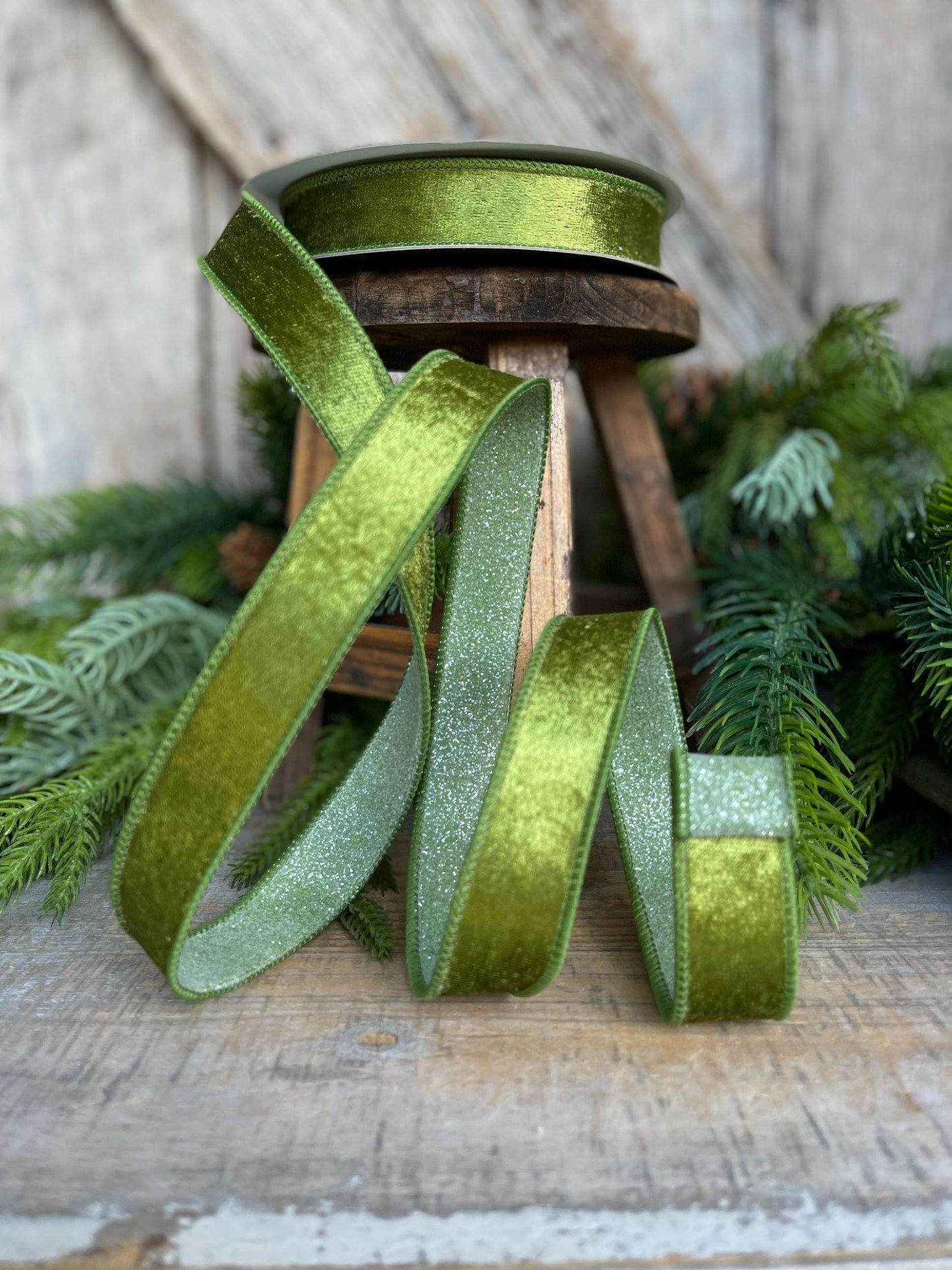1" Forest Green Velvet Ribbon, Farrisilk Ribbon, Green Ribbon, Christmas Ribbon, Plush Stardust ribbon, Moss Green Designer Ribbon, RS206-45