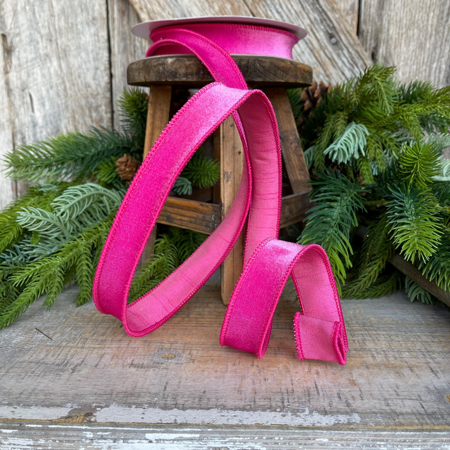 1" Bubblegum Pink Velveteen Ribbon, Farrisilk Ribbon, Pink Velvet Ribbon